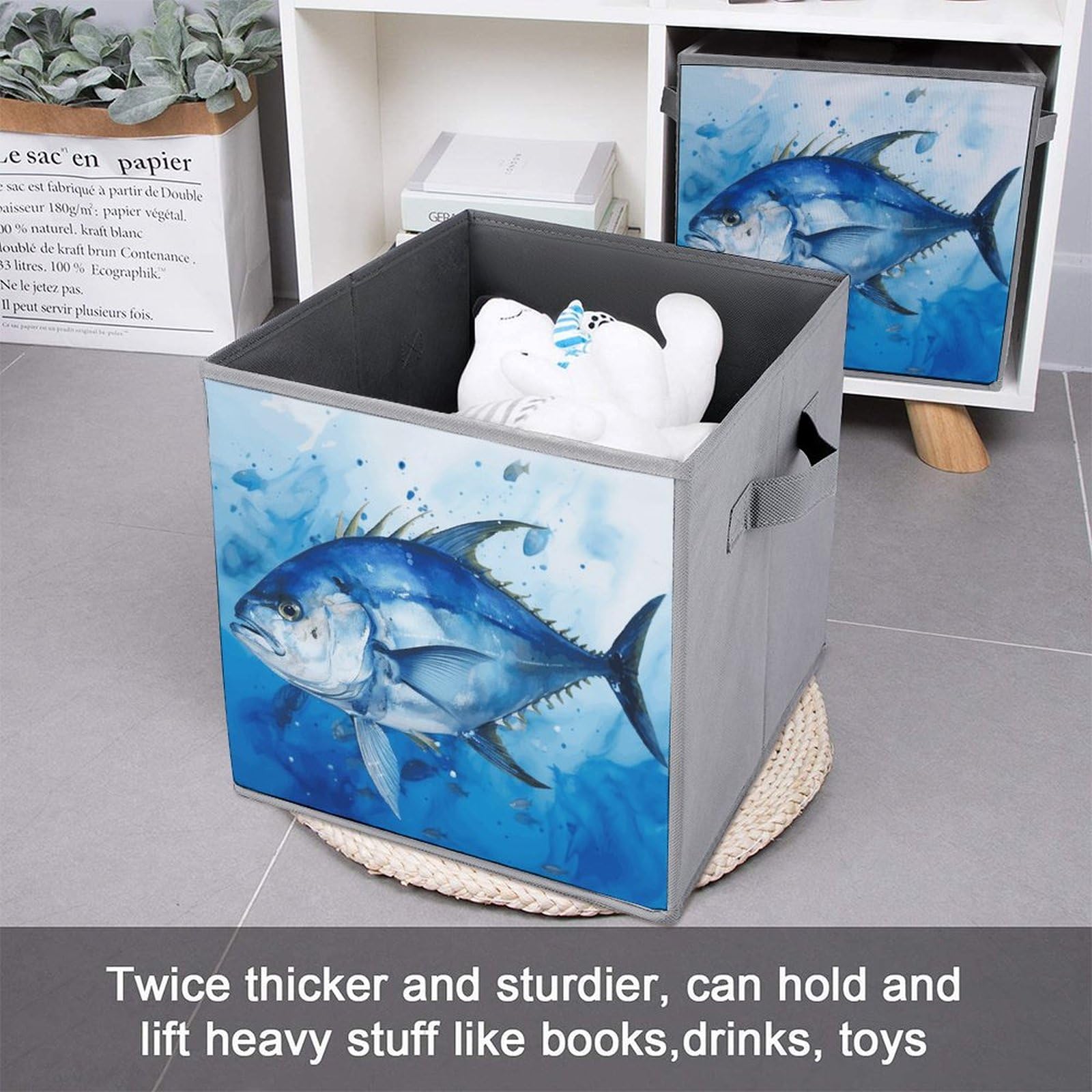 6-Piece Collapsible Storage Bins with Handles - Blue Fish Print Foldable Organizing Baskets for Shelves, Closet, Bathroom & Kids Room | Multi-Purpose Storage Containers for Home Organization