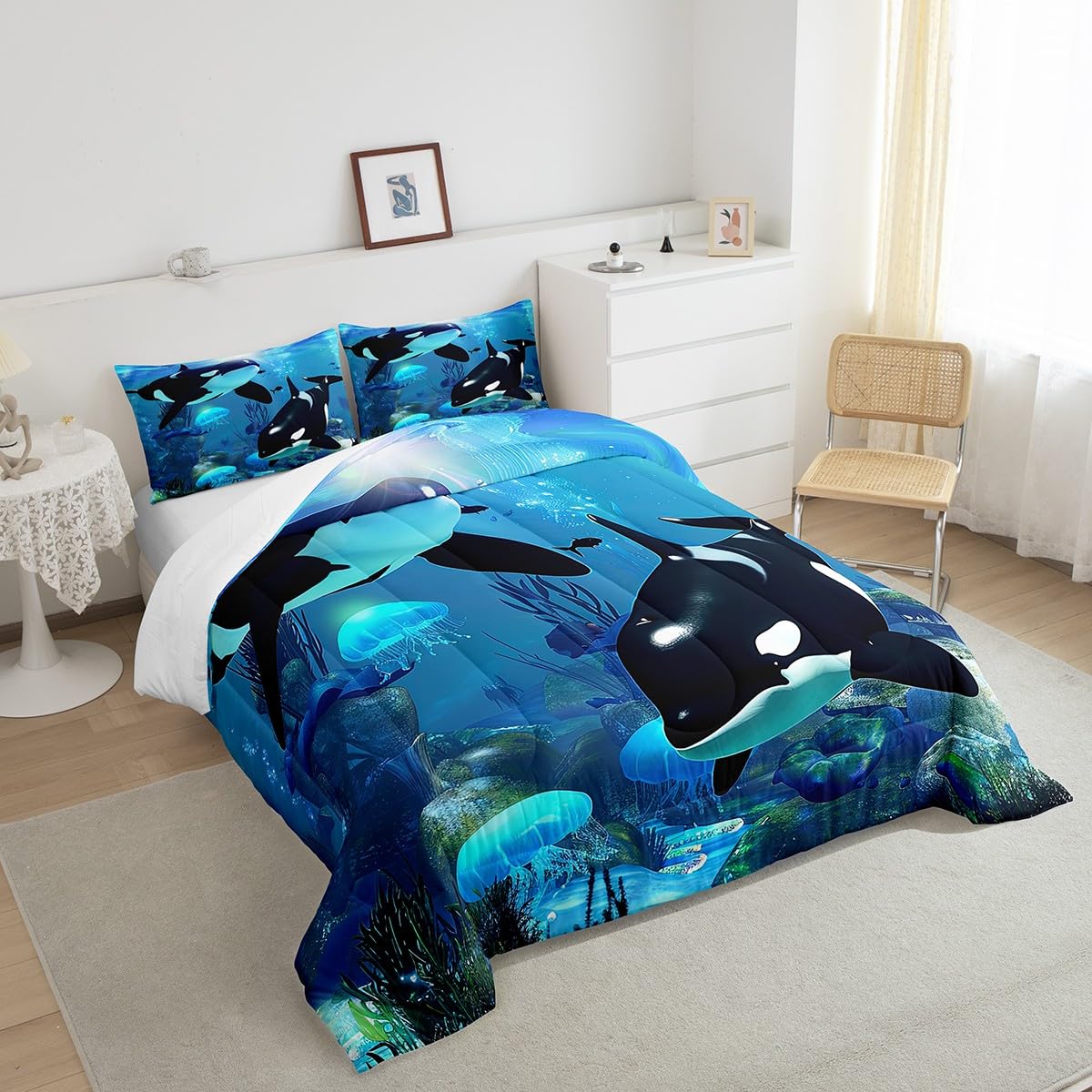 Teal Ocean Whale Comforter Set - Full Size Jellyfish & Killer Whale Bedding with 1 Comforter & 2 Pillowcases | Underwater World Theme | Orca & Marine Life Design | Perfect for Kids' Rooms, Beach Houses & Ocean-Themed Bedrooms