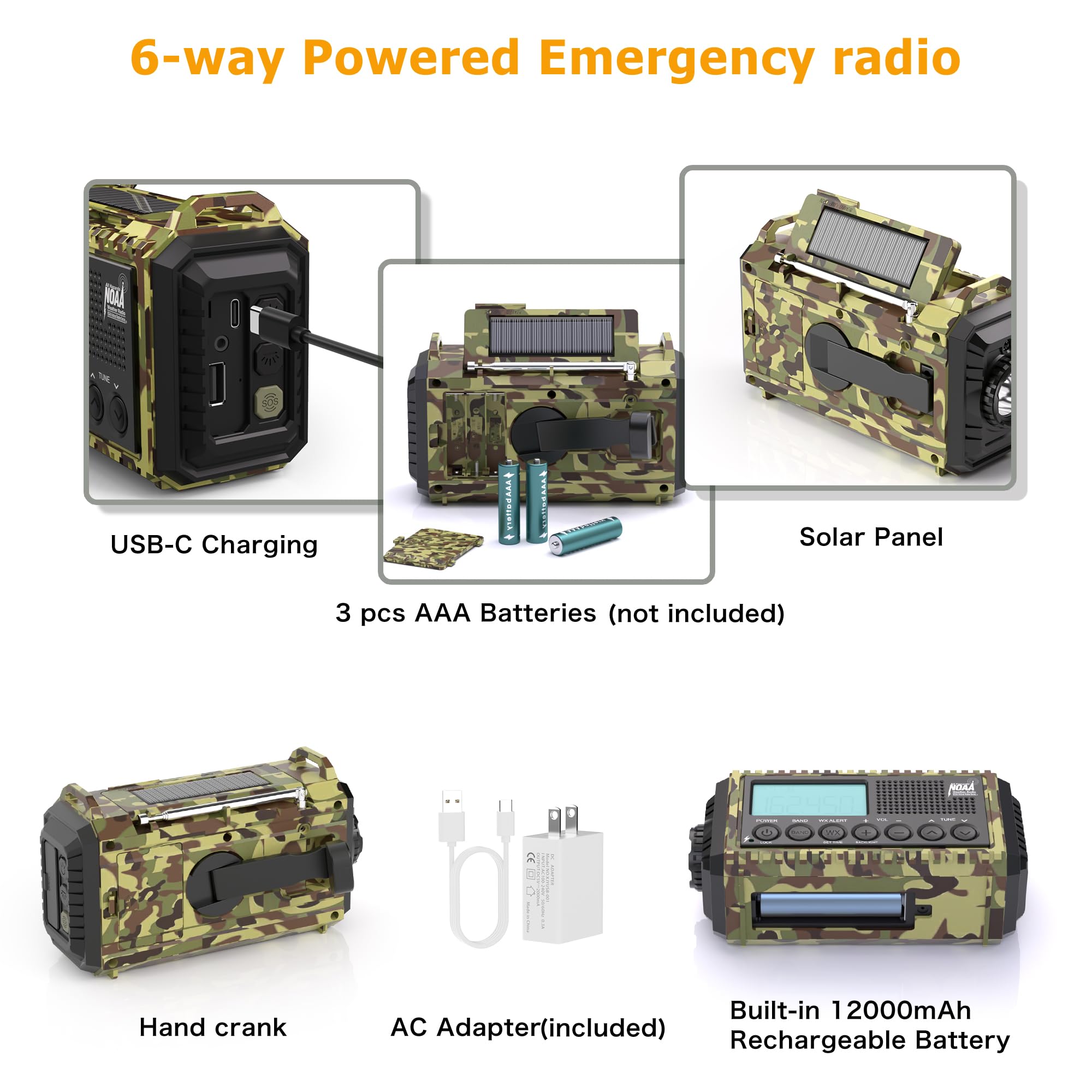 12000mAh/44400mWh Solar Hand Crank Emergency Weather Radio - Portable AM/FM/Shortwave NOAA Weather Alert Radio with USB-C Charger, SOS Flashlight & Power Bank - Perfect for Camping, Hiking, and Emergency Preparedness