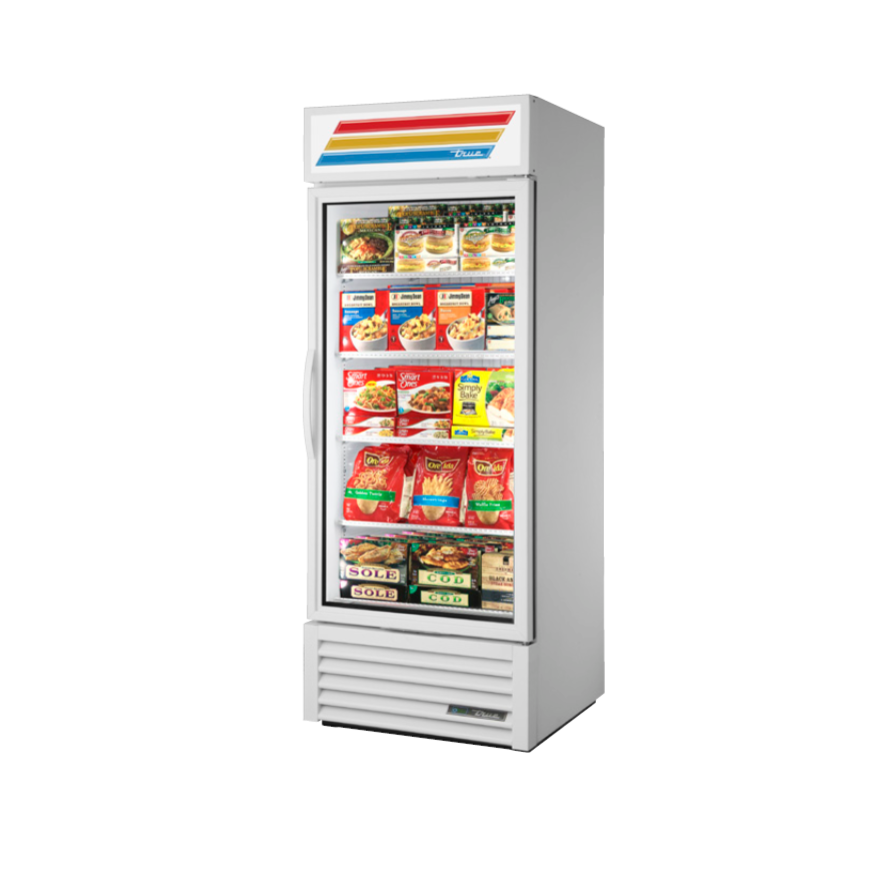 True 30 Merchandising Freezer with 1 Glass Door - White Exterior & Stainless Steel Interior (GDM-26F-WHT-SS) | Commercial Kitchen, Restaurant, Convenience Store Freezer for Beverage & Food Display