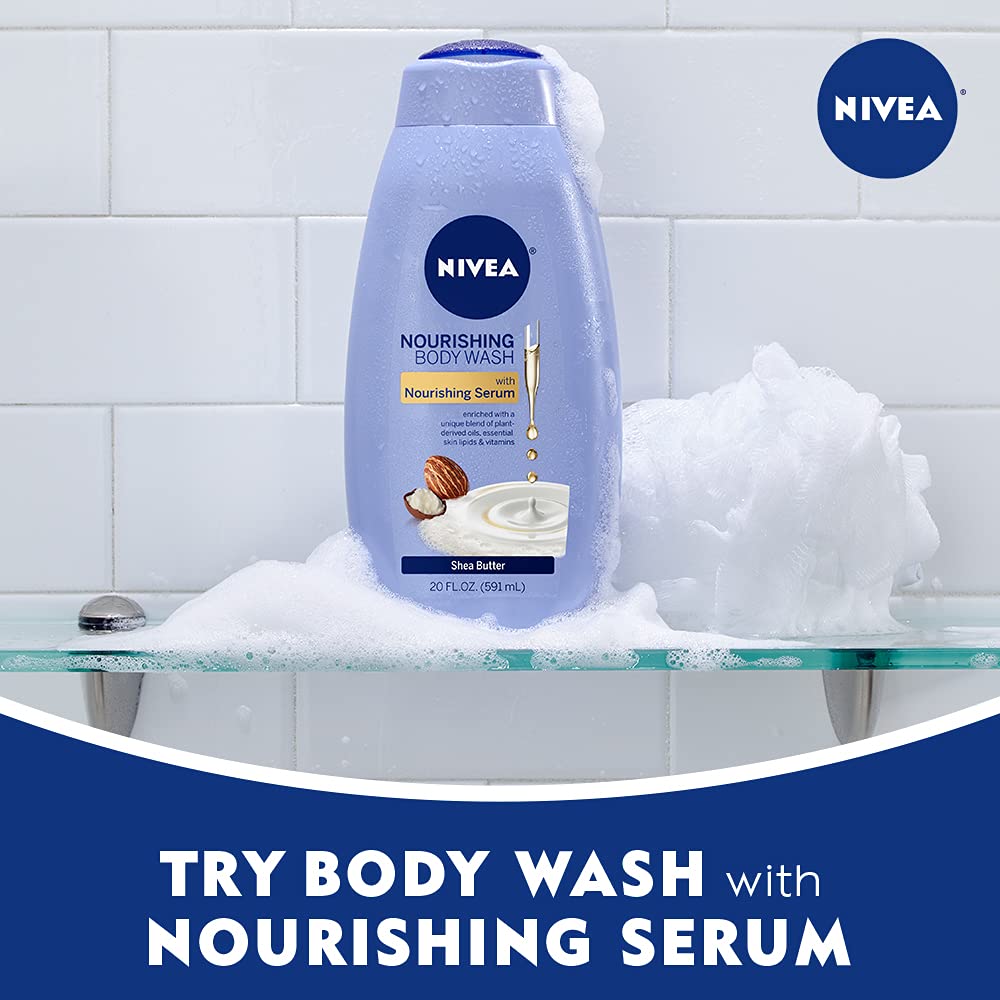 NIVEA Shea Butter Nourishing Body Wash for Dry Skin - Deep Moisturizing Shower Gel with Natural Oils, 20 Fl Oz (Pack of 2) - Hydrating Bath Essential for Winter & Sensitive Skin Care Routine