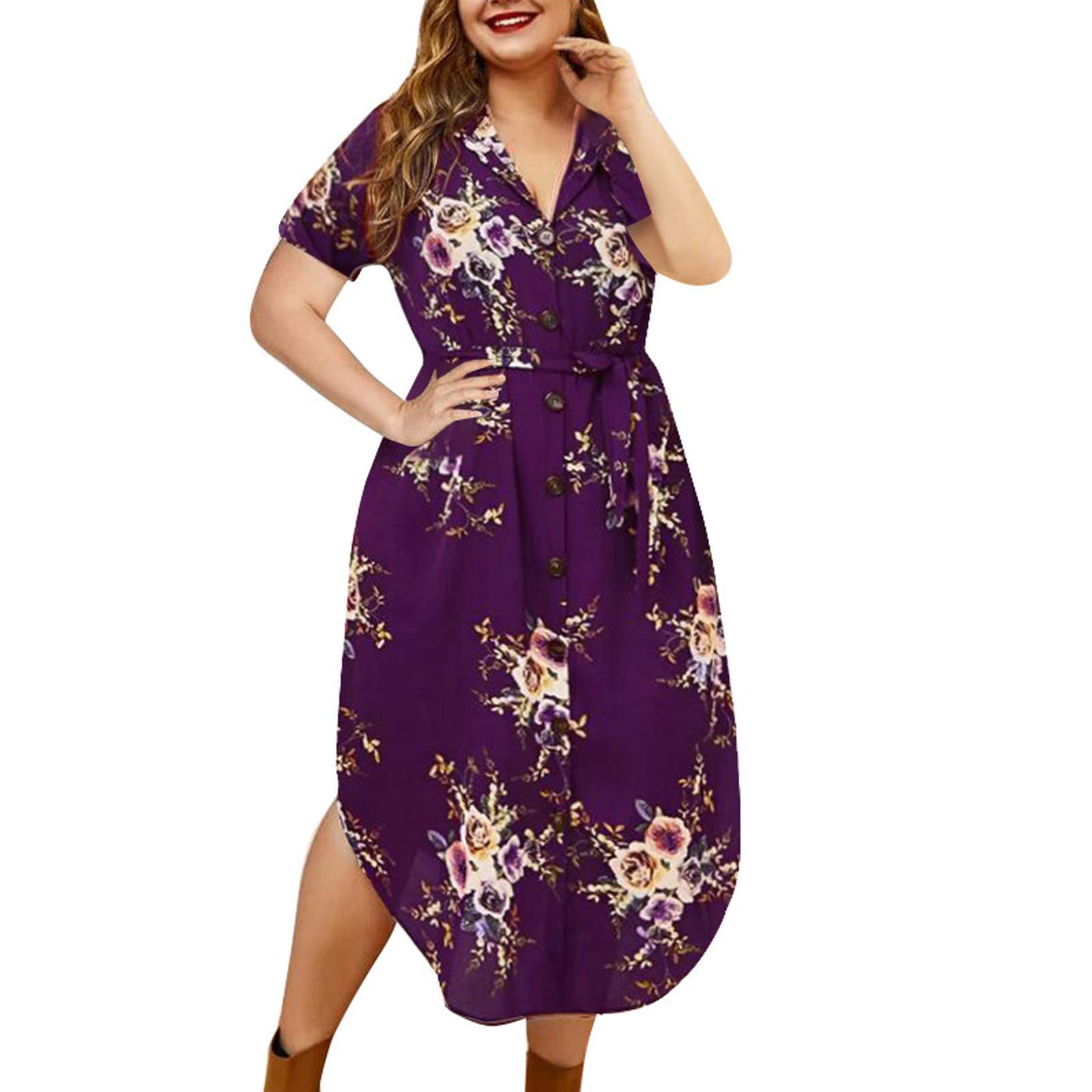 Floral Print Women's Long Button Down Dress with Lapel Collar & Short Sleeves - Summer Casual Maxi Dress for Beach, Vacation & Everyday Wear