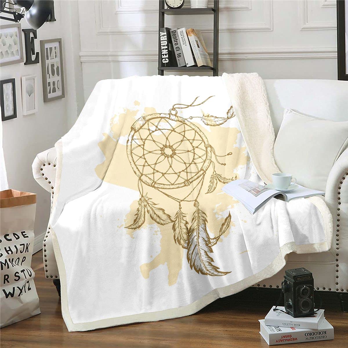 Bohemian Dreamcatcher Sherpa Fleece Throw Blanket - 30x40 Inches Soft Plush Tie-Dye Yellow Blanket with Feather Design for Kids, Boys, Girls & Women - Perfect for Sofa, Bed, Couch & Nursery Decor