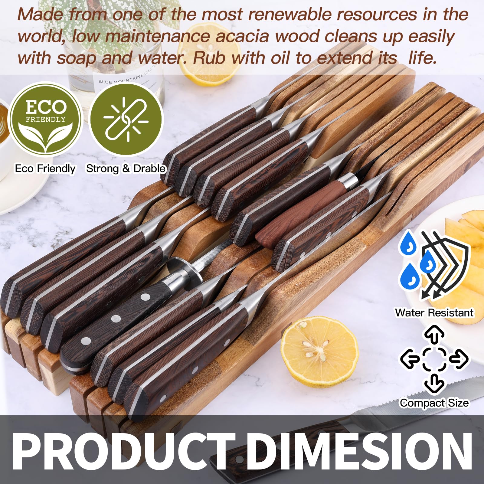 Premium Acacia Wood Knife Drawer Organizer - Holds 16 Knives & Honing Steel (Not Included) - Space-Saving Kitchen Knife Storage for Steak Knives, Chef Knives, Paring Knives - Washable & Durable - Perfect for Home Kitchens, Restaurants & RV Cooking