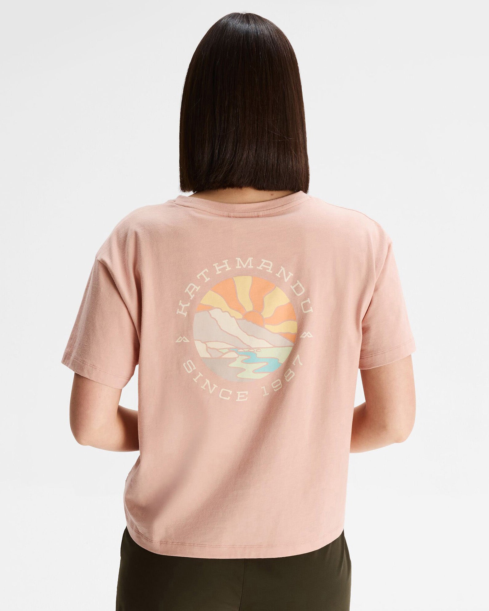 Women's Kathmandu Logo Sunburst Organic Cotton T-Shirt - Soft Mineral Wash Tee for Casual Wear & Outdoor Adventures