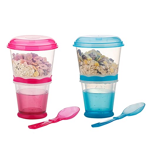 Portable Cereal Storage Container with Spoon - Leak-Proof On-the-Go Cereal Cup for Milk, Yogurt & Snacks (Red+Blue) - Perfect for School Lunches, Office Snacks & Travel Breakfast