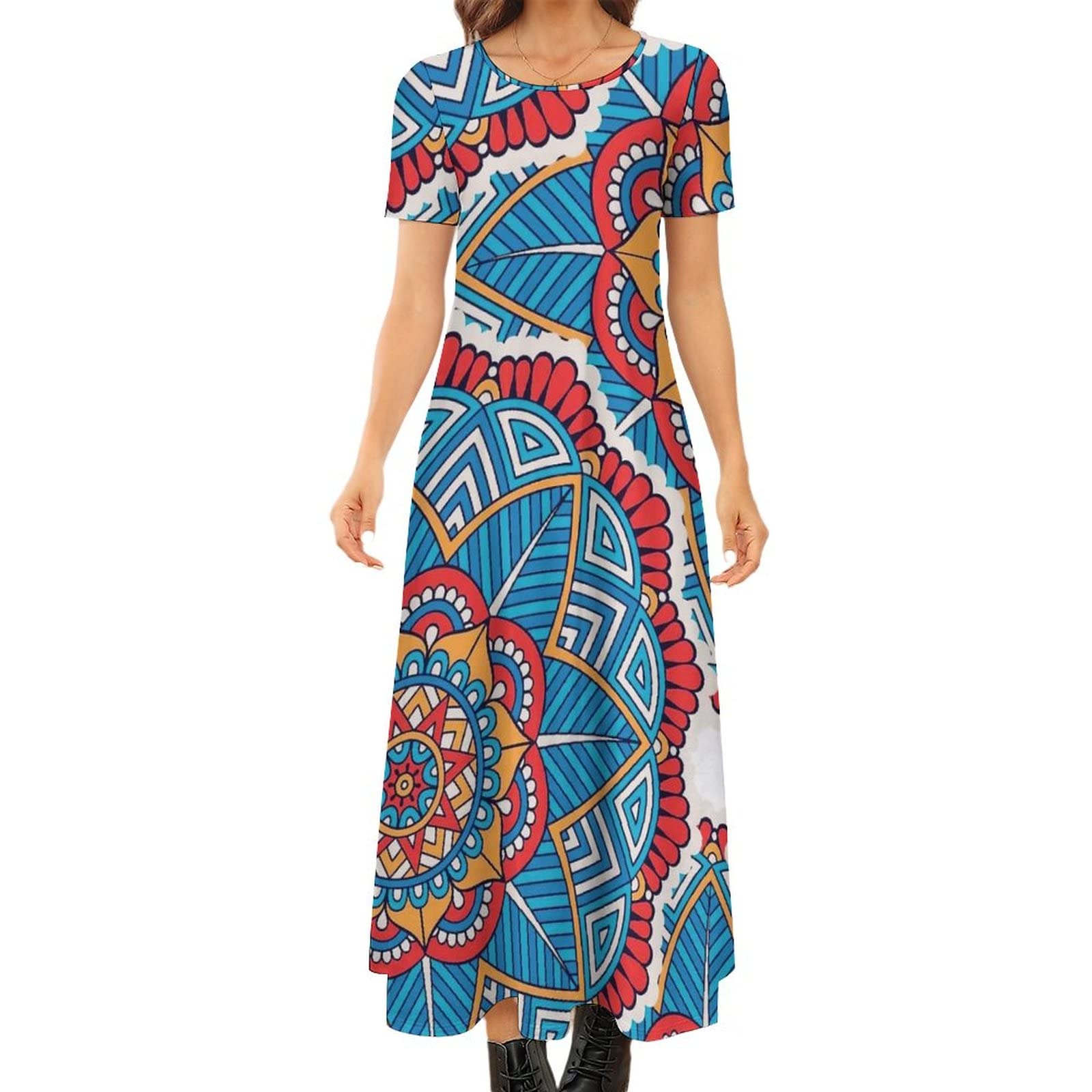 Women's Summer Dresses - Boho Floral Mandala Print Loose Fit Short Sleeve Maxi Dress for Beach, Vacation & Casual Wear | Breathable Long Dress for Spring & Summer