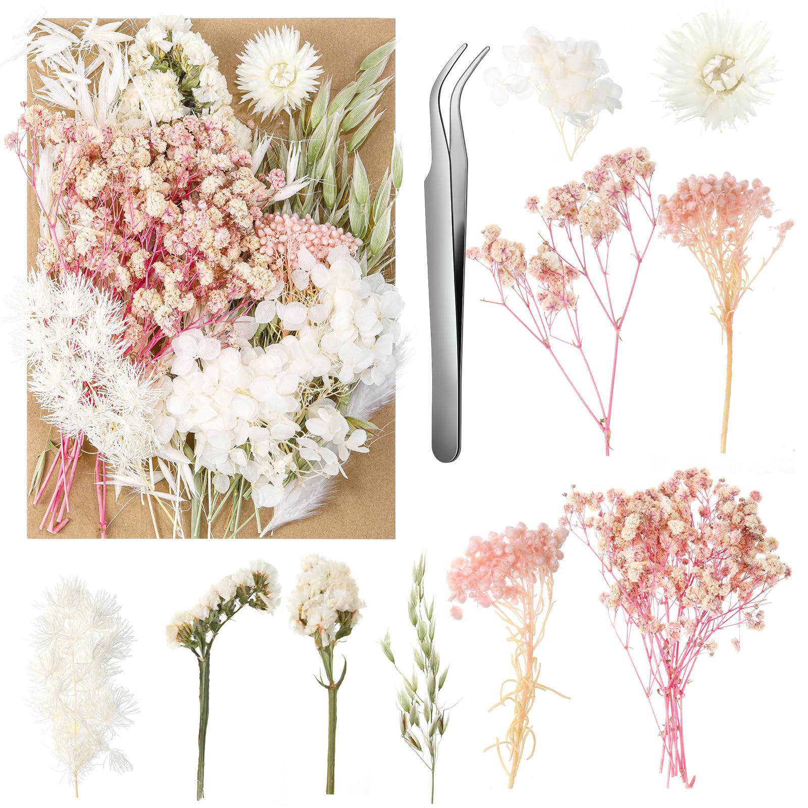 Natural Dried Flowers for Crafts - Mixed Pressed Florals Secas for Resin Art, Candle Making, Home Decor (Pink & White) | DIY Wedding Invitations, Scrapbooking, Aromatherapy Gifts