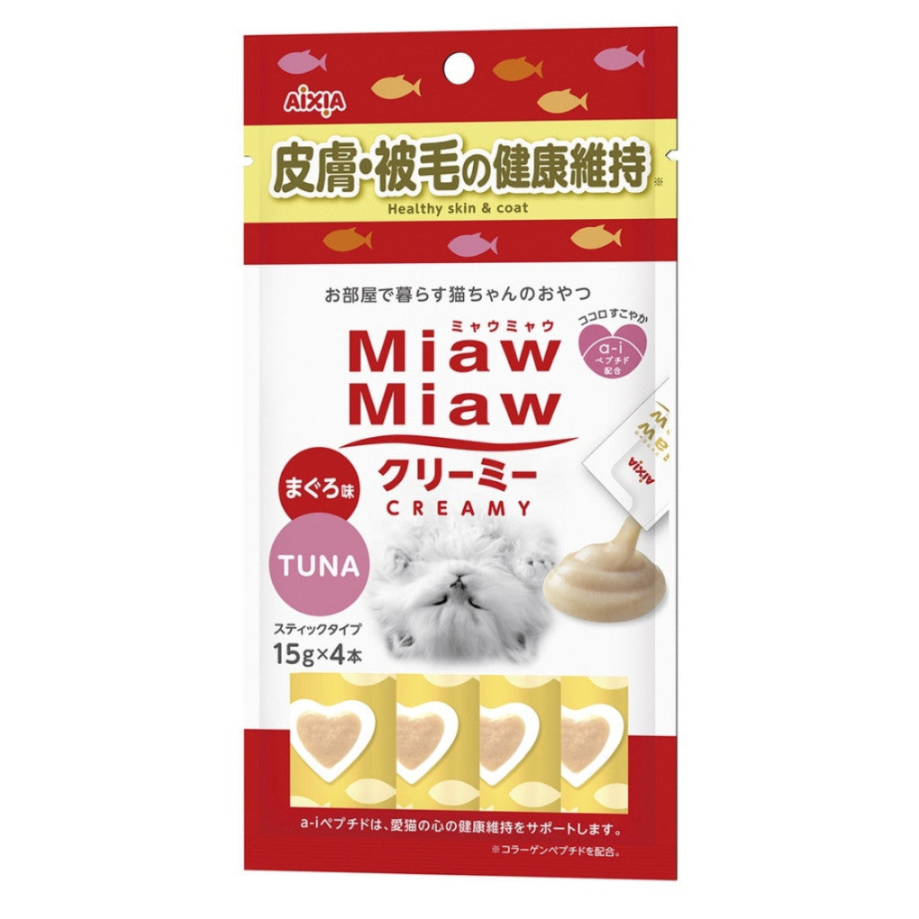 Aixia Miaw Miaw Creamy Purée Cat Treats 15g x4 Pack - Healthy & Delicious Creamy Cat Snacks for Adult & Senior Cats - Perfect for Training, Rewards or Bonding Time with Your Feline Friend