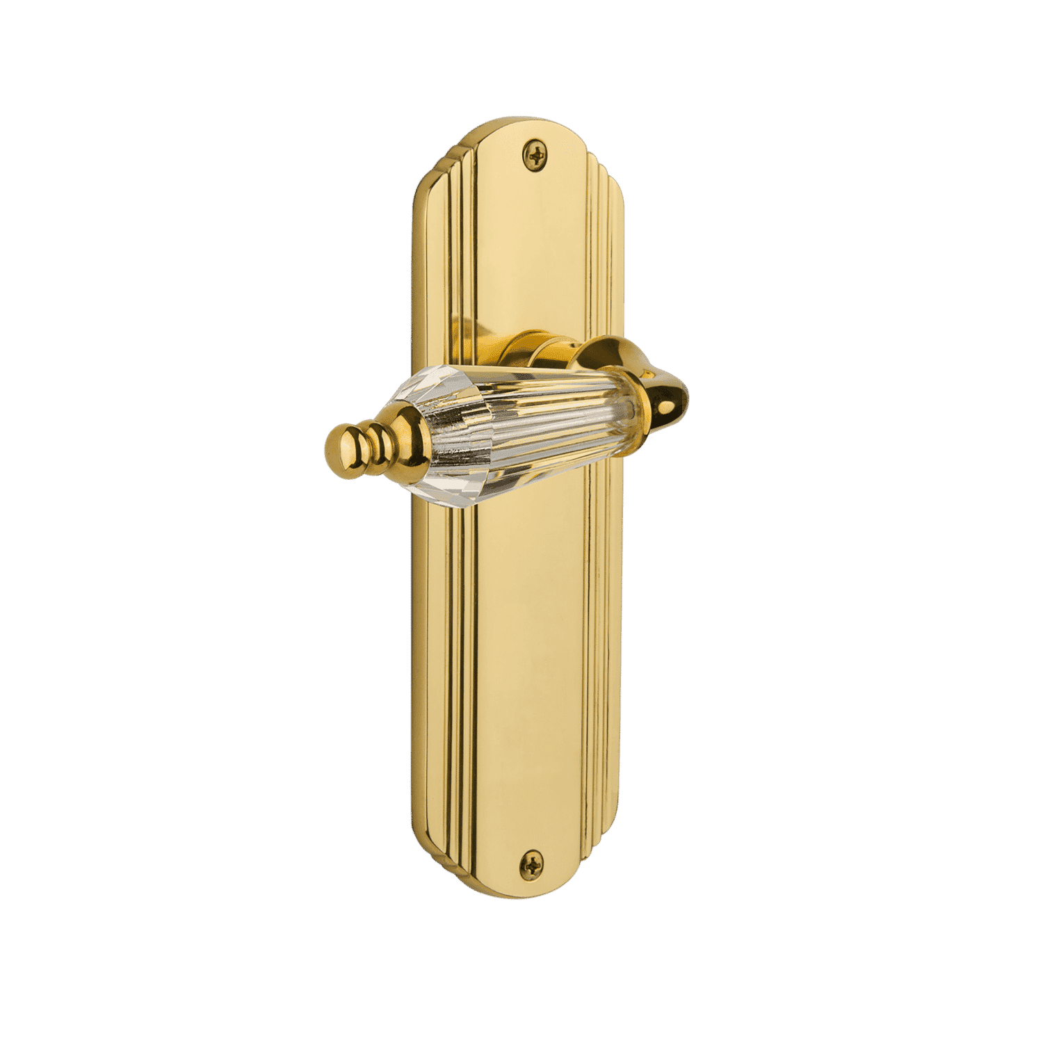 Decorative Long Plate with Parlour Crystal Lever in Unlacquered Brass - Perfect for Vintage Doors, Cabinets, and Antique Furniture Restoration