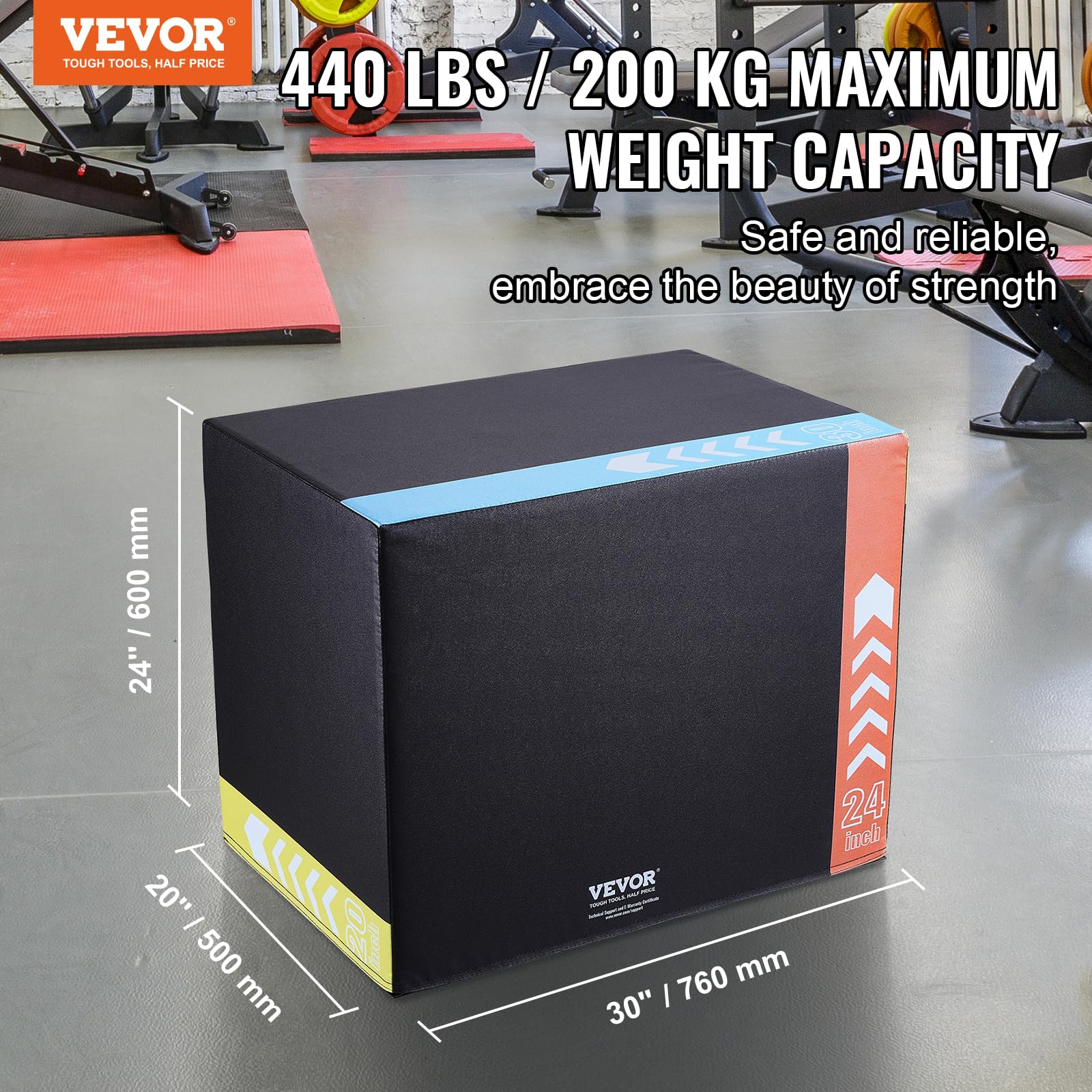 VEVOR 3-in-1 Plyometric Jump Box - 30/24/20 Inch Anti-Slip Fitness Platform for CrossFit, Home Gym & Strength Training | Agility Training Equipment for Box Jumps, Step Ups & Conditioning Workouts (Black)