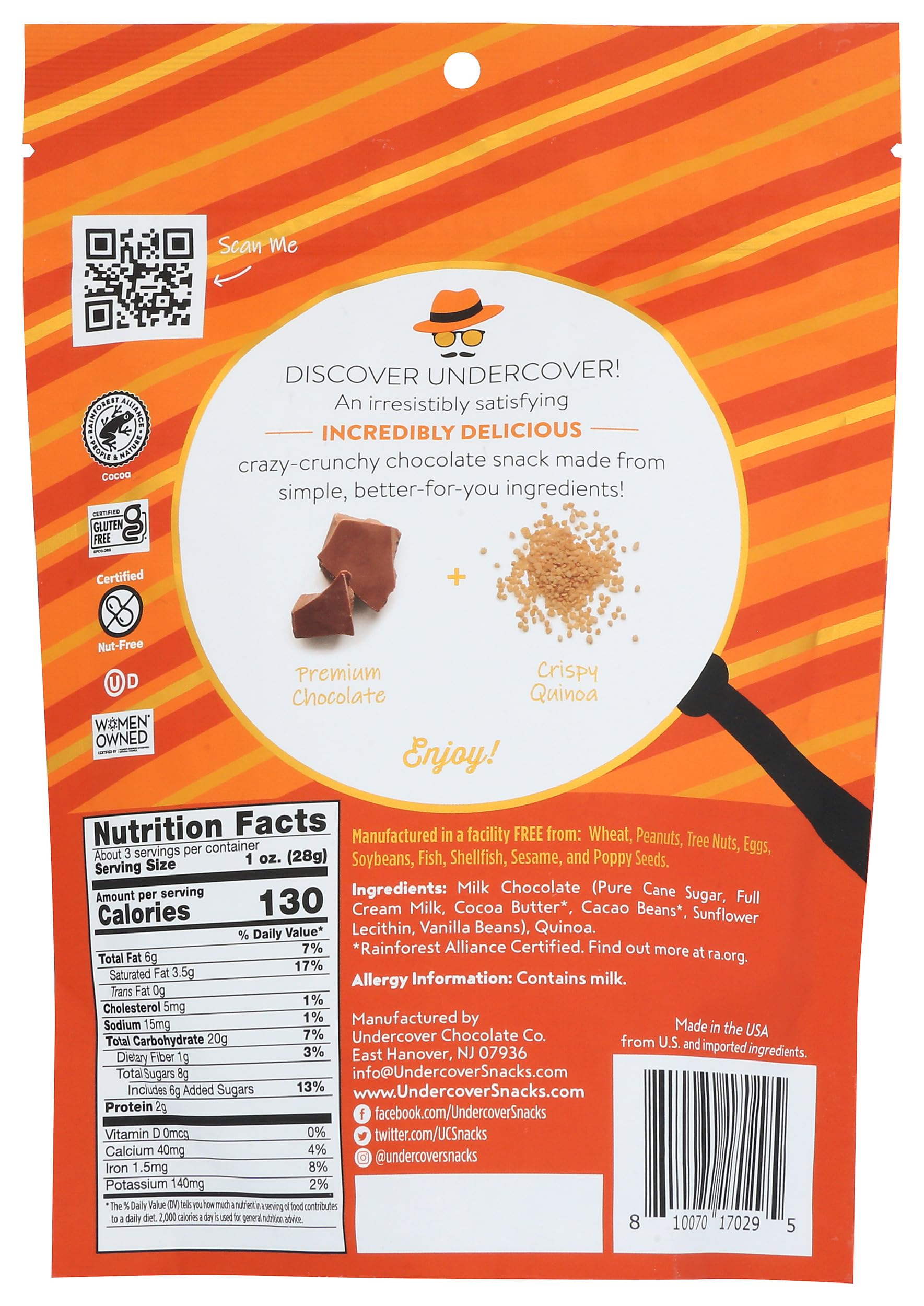 Undercover Chocolate Co. Milk Chocolate Quinoa Crisps - 3 oz (Pack of 12) | Gluten-Free Snacks, Healthy Chocolate Treats for Kids & Adults | Perfect for Lunchboxes, Office Snacks & Party Favors