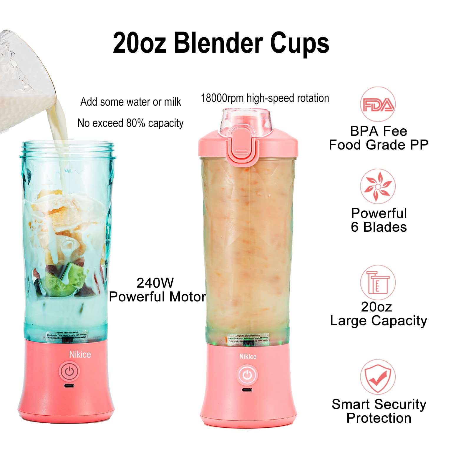 Nikece Portable Blender - 20oz USB Rechargeable Personal Blender for Smoothies, Protein Shakes & Ice Crushing | BPA-Free, Waterproof & Travel-Friendly | Perfect for Gym, Office & Outdoor Adventures (Pink)