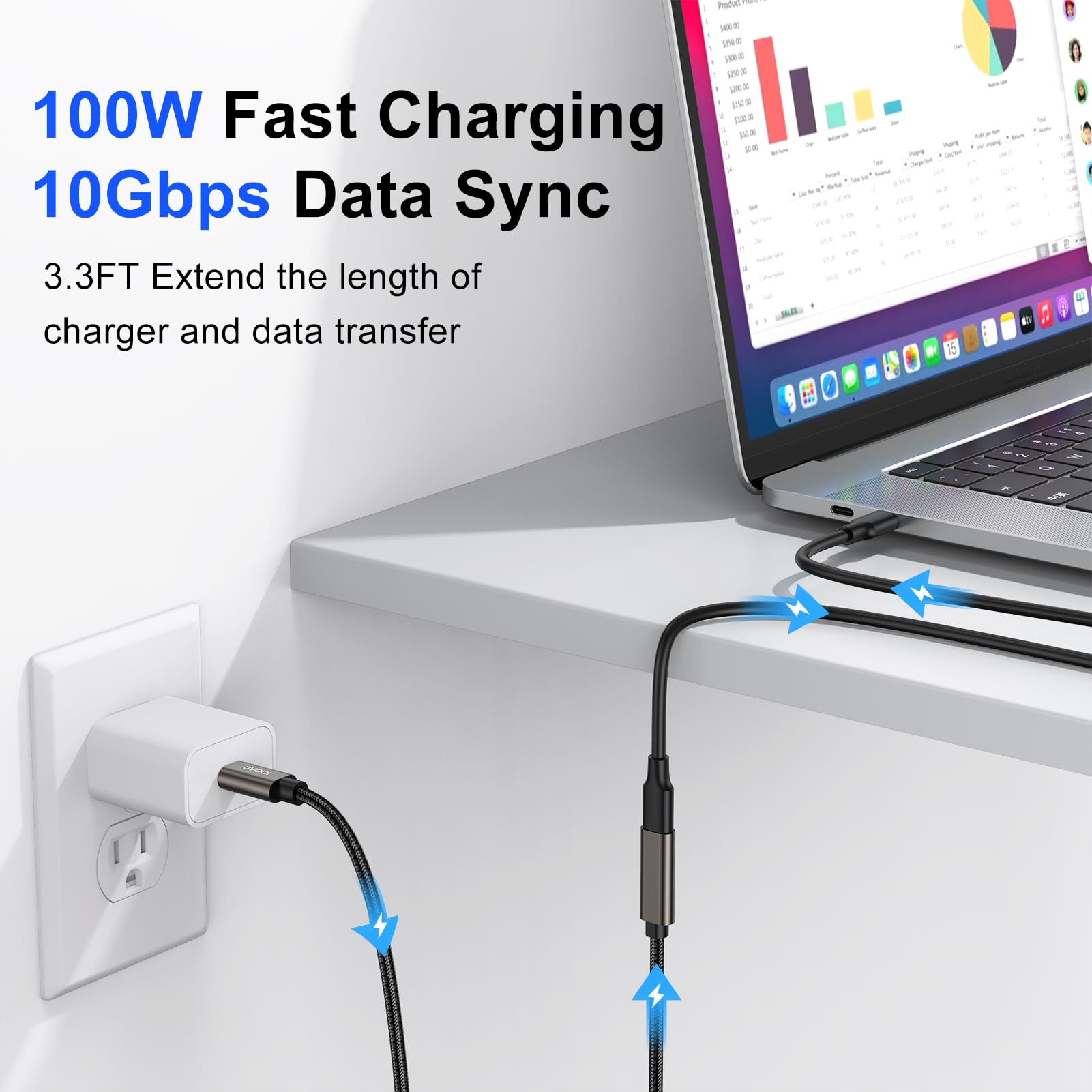 3.3FT USB C Extension Cable - USB 3.2 Gen 2 Male to Female Extender (10Gbps/100W Fast Charging) for iPhone 16/15, MacBook, iPad, Dell XPS - Perfect for Home Office, Gaming & Travel Charging