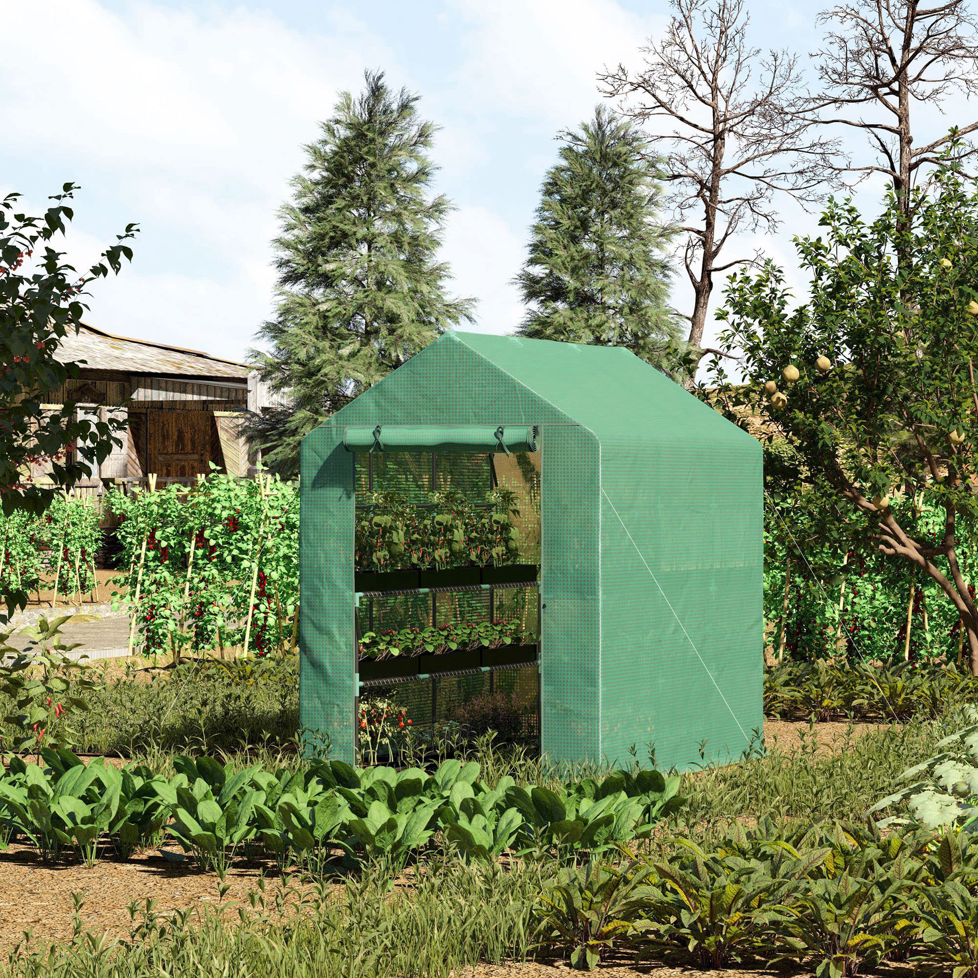 Outsunny 7' x 5' x 6' Walk-in Greenhouse for Outdoor Gardening with Mesh Door, 18 Shelves & Trellis - UV Protected Plant House for Growing Flowers, Herbs, Vegetables & Saplings | Perfect for Backyard, Patio & Small Garden Spaces