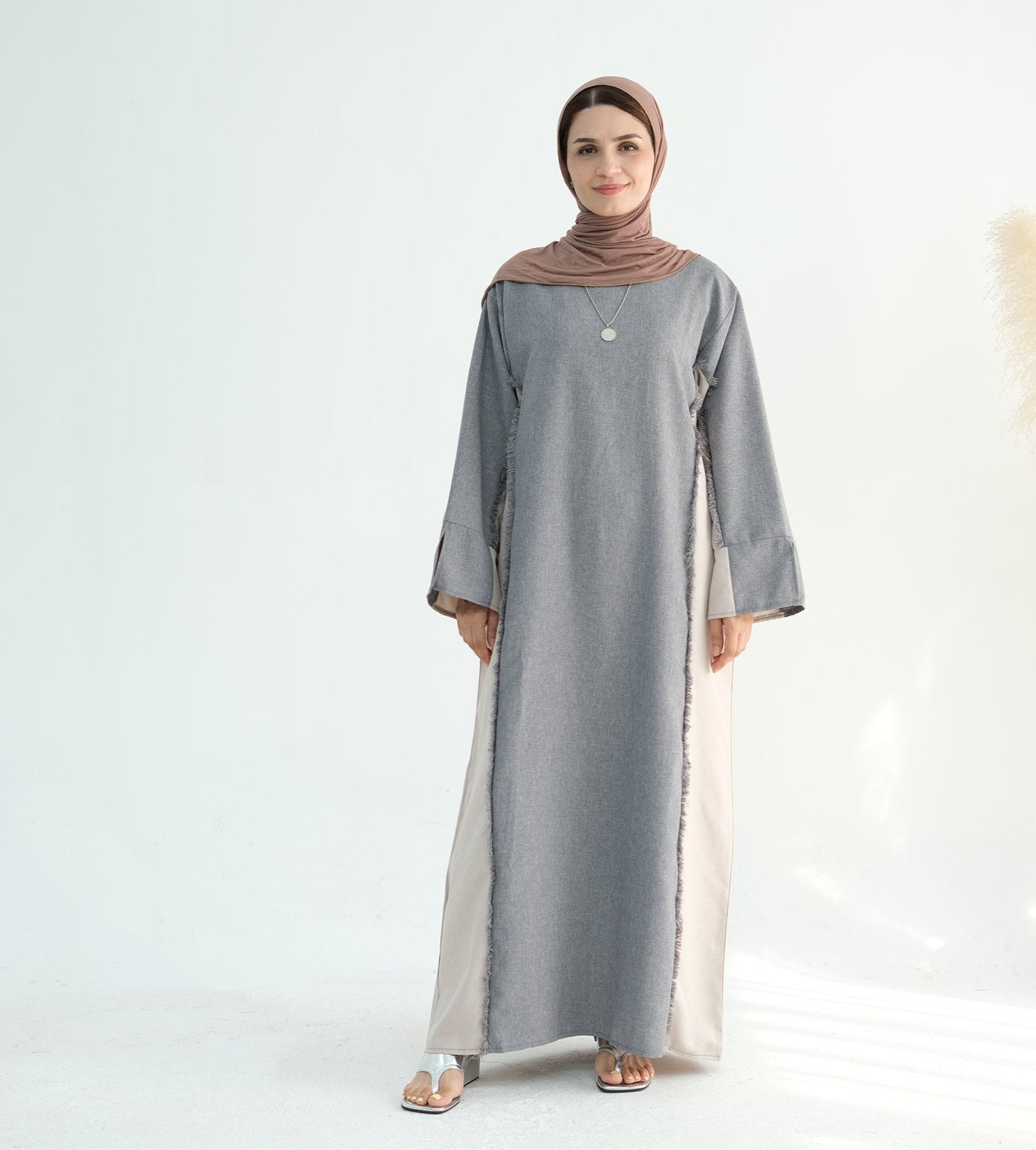 Blair Fringe Abaya Dress - Elegant Gray Islamic Modest Dress for Women | Perfect for Prayer, Eid, and Special Occasions