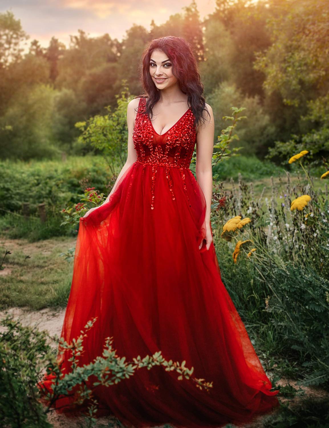 Elegant Beaded V-Neck Tulle Prom Dress with High Slit for Women | Formal Evening Gown for Homecoming, Wedding, Party & Special Occasions