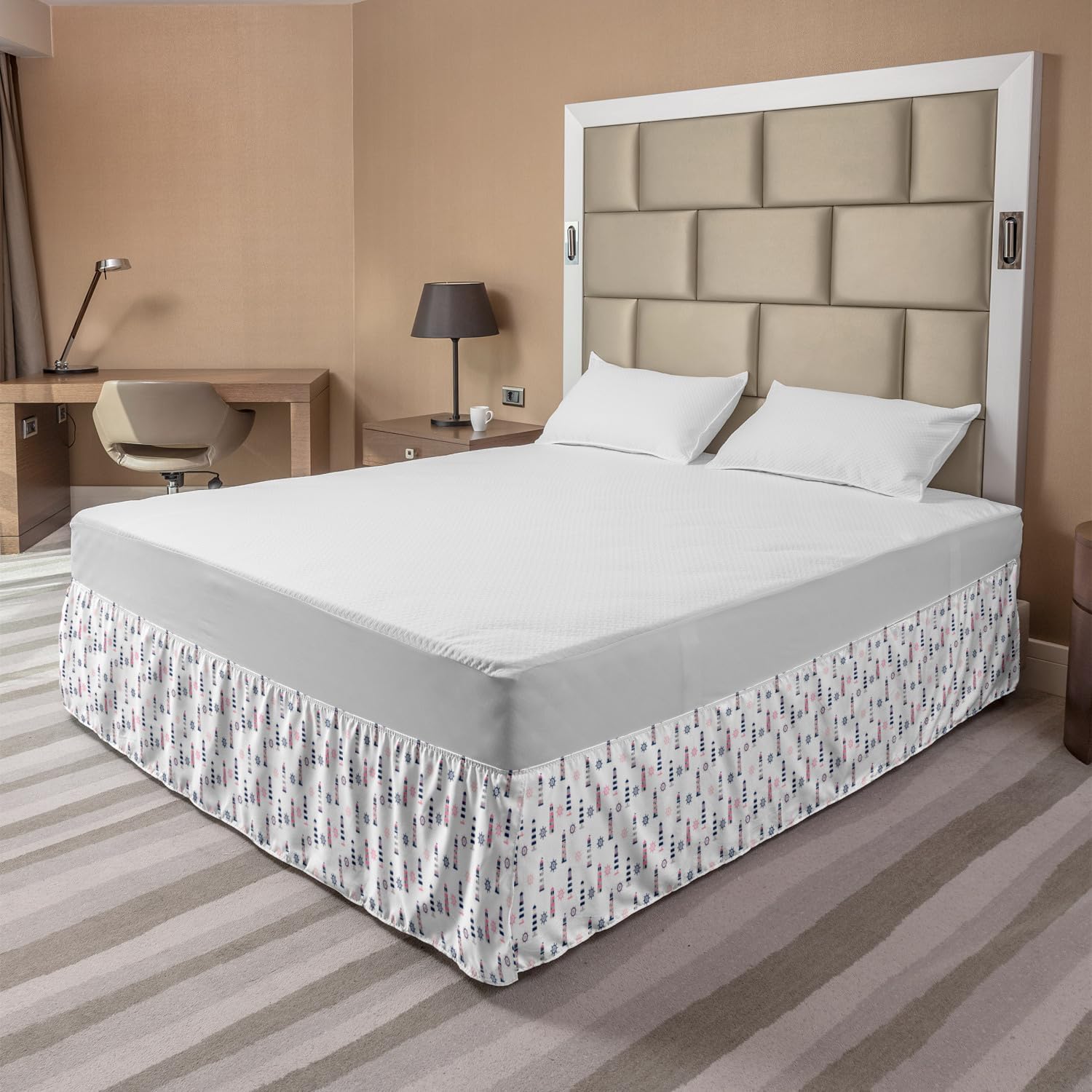 Ambesonne Nautical Bed Skirt - Sea Coast Theme with Steering Wheel & Lighthouse Design, Elastic Wrap Around Dust Ruffle for Queen Size Beds, Pastel Pink Pearl Indigo - Perfect for Coastal Bedroom Decor & Beach House Styling