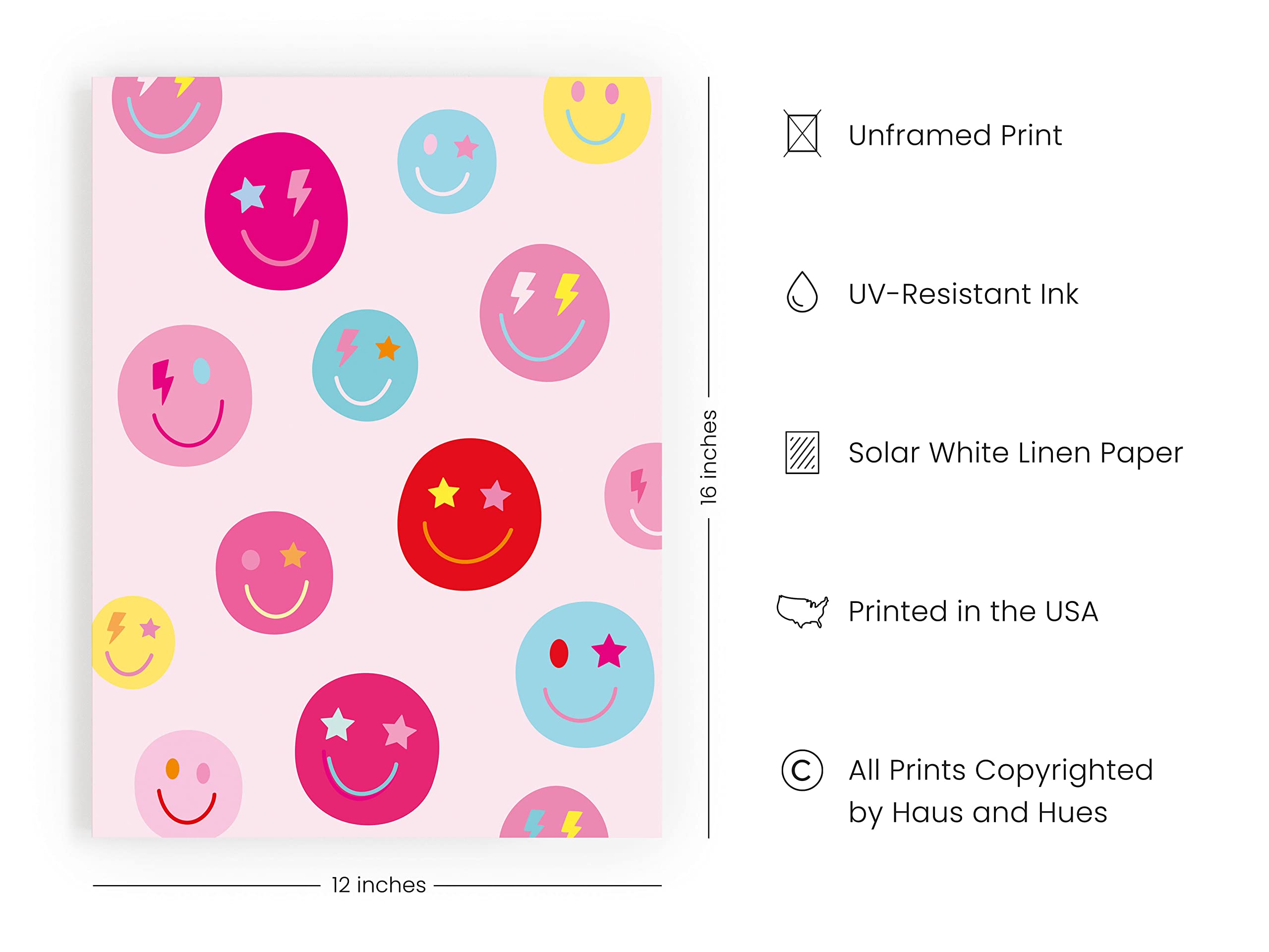 HAUS AND HUES Smiley Face Poster - Pink Aesthetic Wall Art for Teen Girls Room Decor, Preppy Paintings & Trendy Wall Decor (12x16 Inches UNFRAMED) - Perfect for Bedroom, Dorm, Office & Gift Giving