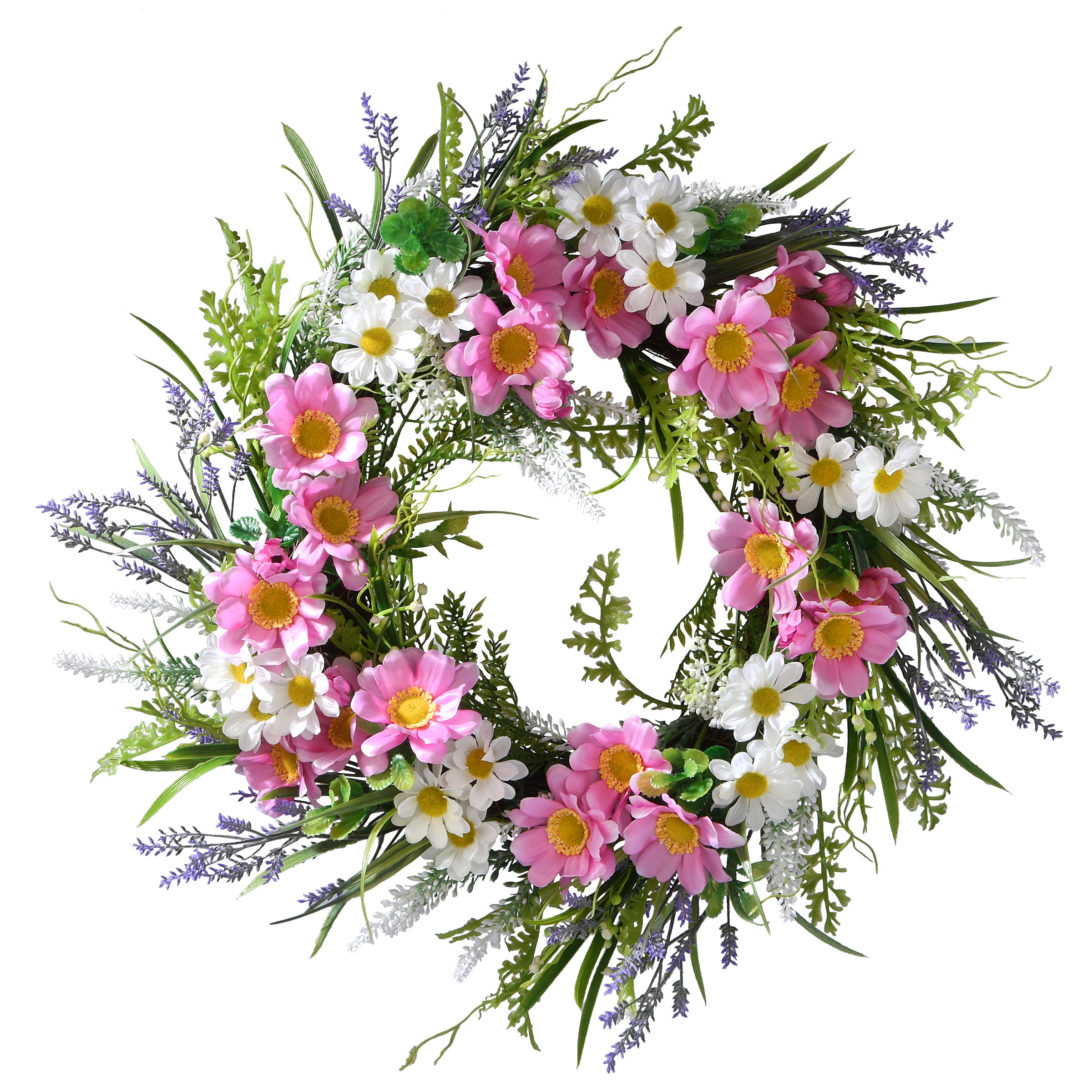 18 Inch Spring Wreath with Pink and White Daisies, Leafy Greens & Seed Pods - Floral Door Decor for Easter, Mother's Day & Home Entryway
