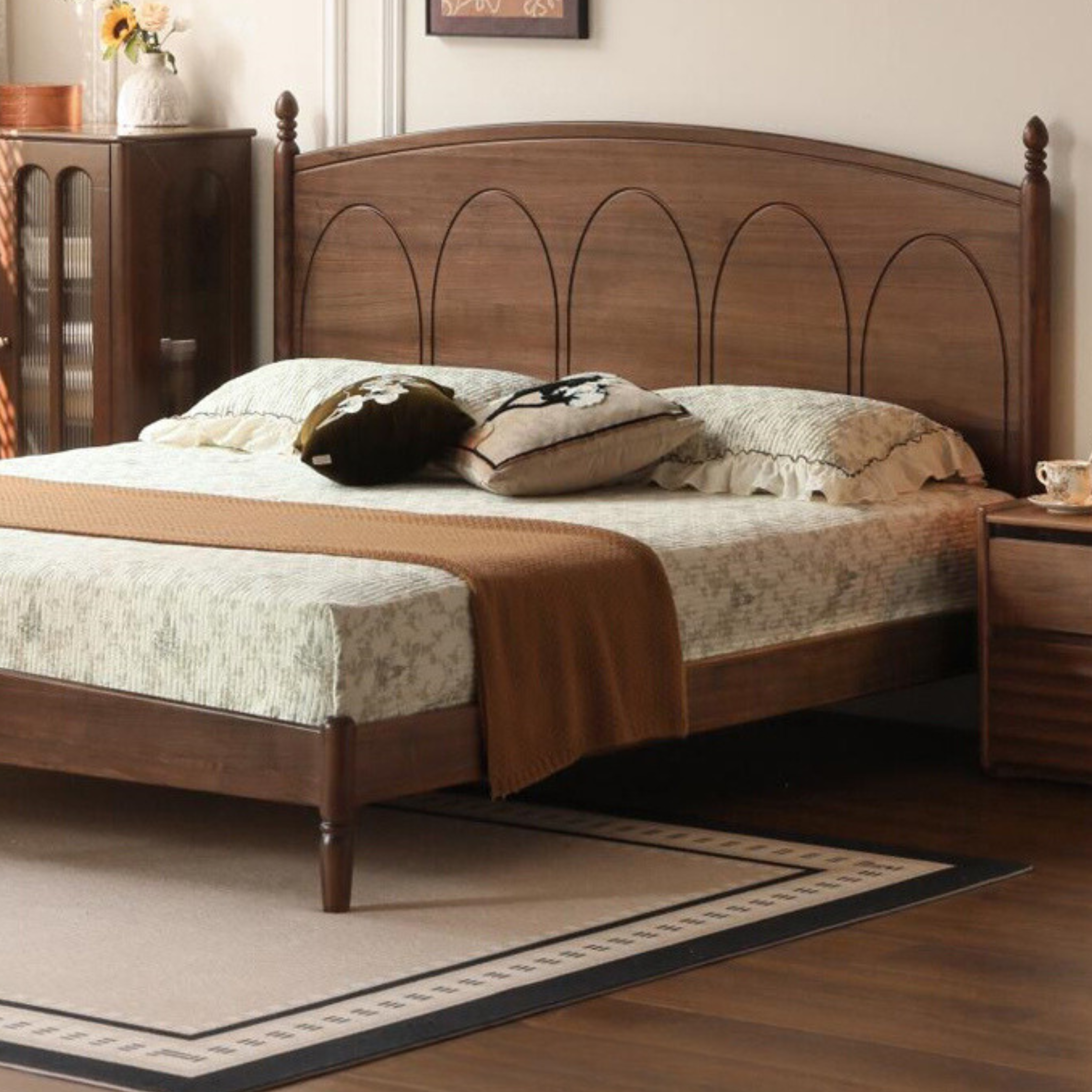 Solid Black Walnut Wood King Size Bed - Vintage French Style Bedroom Furniture for Master Bedroom & Guest Room Decor