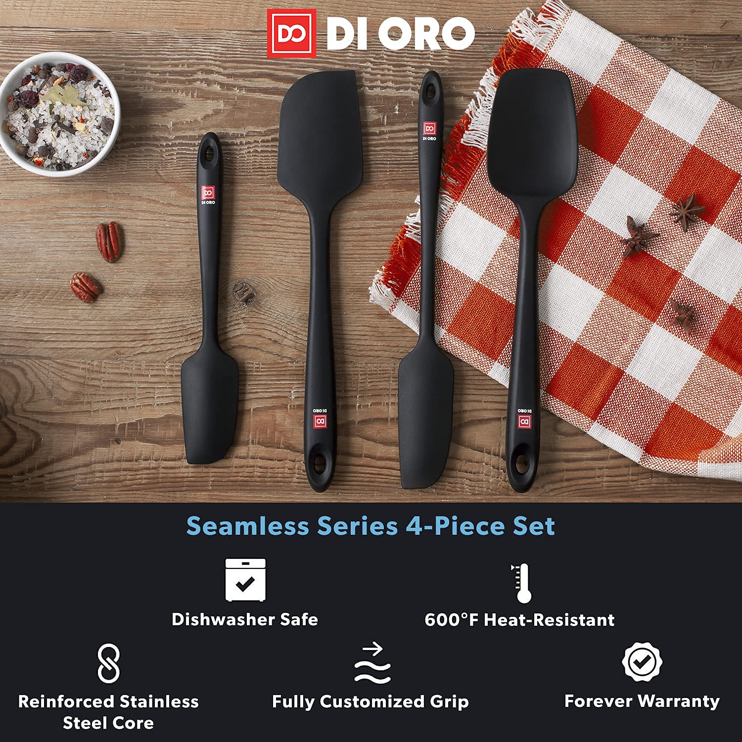 DI ORO 11-Piece Silicone Kitchen Utensil Set - 600°F Heat-Resistant Nonstick Cooking Tools with Spatula, Spoon & Ladle - BPA Free Silicone Utensils for Baking, Frying & Sauteing - Perfect for Nonstick Cookware & Everyday Kitchen Use (Black)