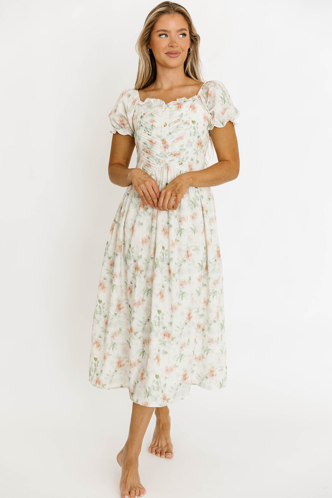 Azalea Ruched Puff Sleeve Midi Dress - Ivory Floral Print Summer Dress for Women, Perfect for Weddings, Parties & Date Nights