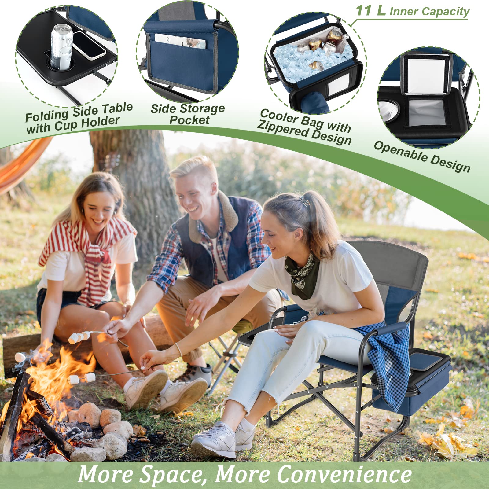 Giantex Heavy Duty Folding Camping Chair with Side Table & Cooler Bag - Portable Director Chair for Outdoor, Fishing, Picnic, Makeup & Artist Use - Supports 400 lbs - Blue