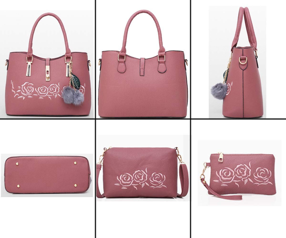 Women's PU Leather Messenger Bag with Rose Embroidery - 3 Piece Set (Tote, Crossbody Bag & Wallet) for Work, Travel & Everyday Use