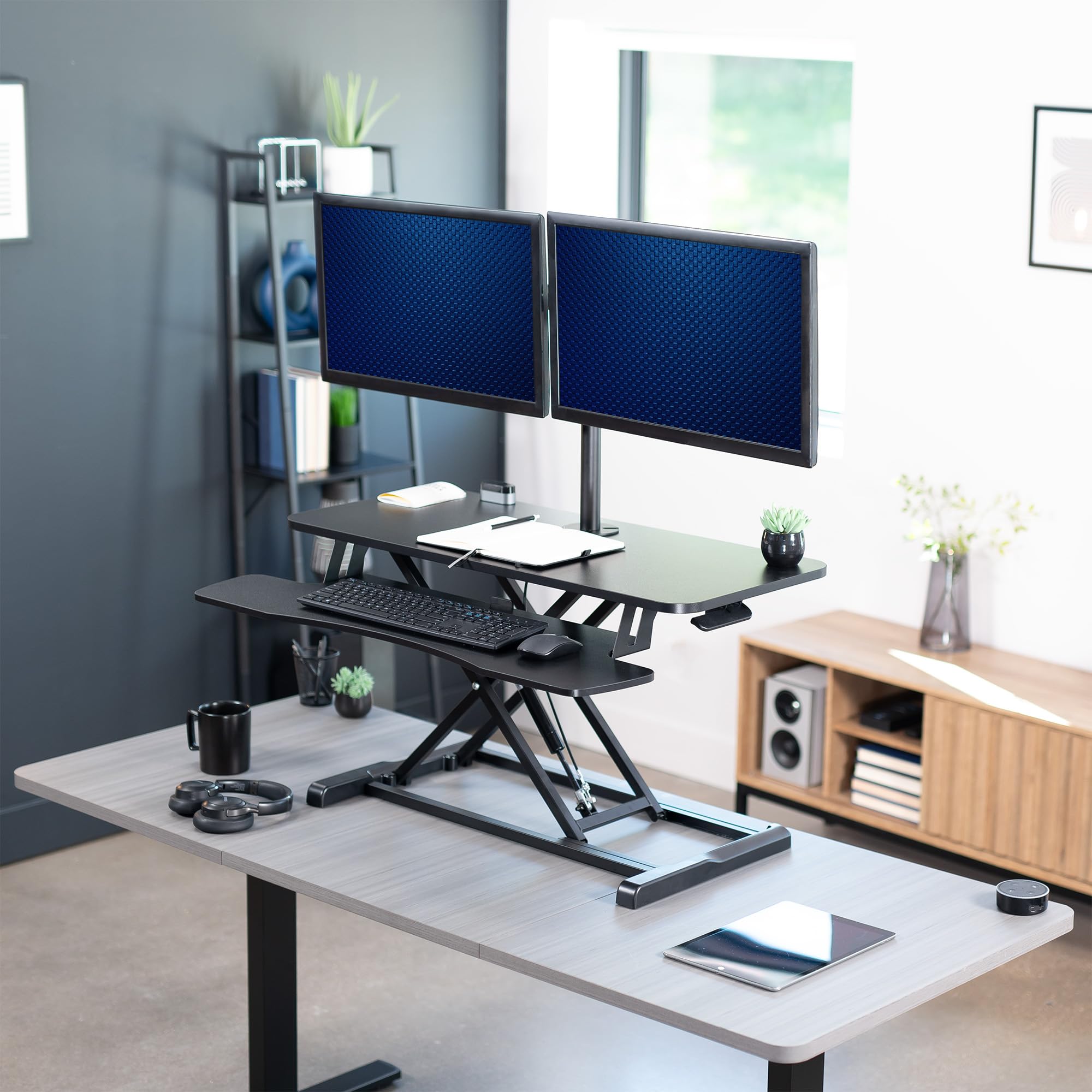 VIVO 36 Inch Adjustable Standing Desk Converter - Dual Monitor Stand for 13 to 30 Inch Screens, Sit Stand Workstation Riser (Black) | Perfect for Home Office, Gaming Setup & Ergonomic Workspace - DESK-V036K-M2