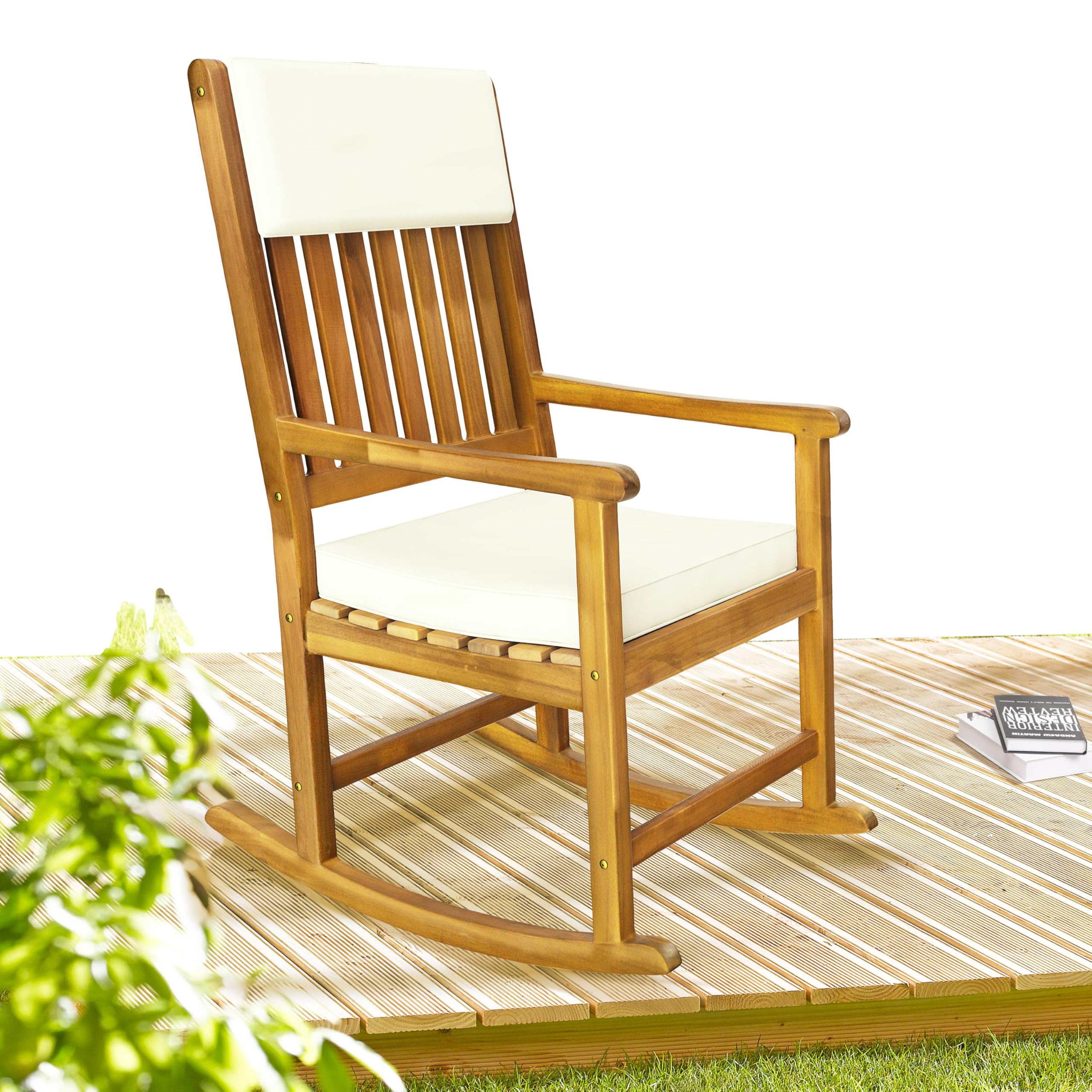 Deuba Wooden Rocking Chair 54x76x102cm Indoor/Outdoor Rocker with Cushion - Perfect for Patio, Garden, Nursery & Living Room Relaxation