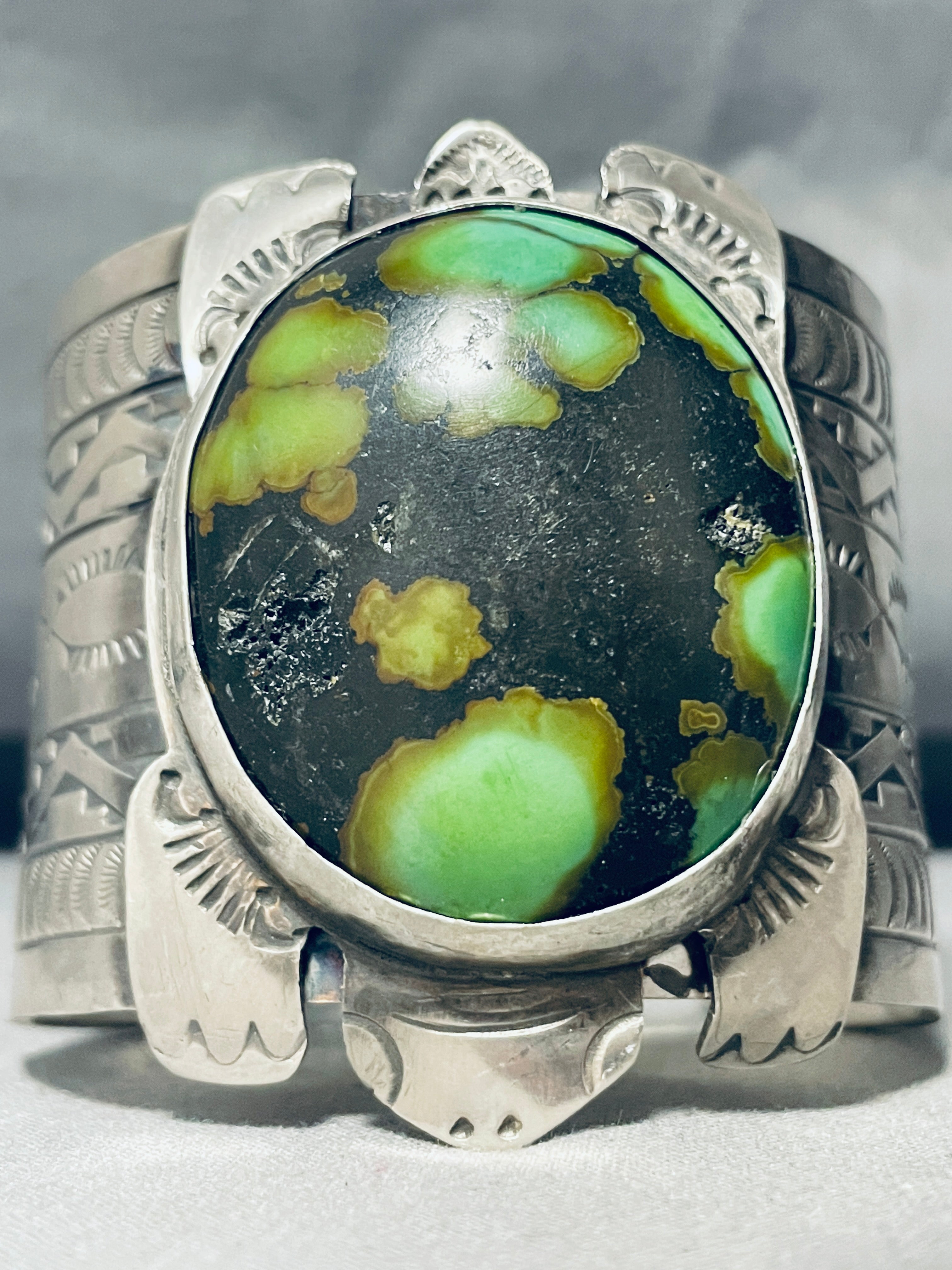 Authentic Navajo Sterling Silver Green Turtle Bracelet - 149g Handmade Native American Jewelry for Women, Perfect for Boho Fashion & Spiritual Gifts