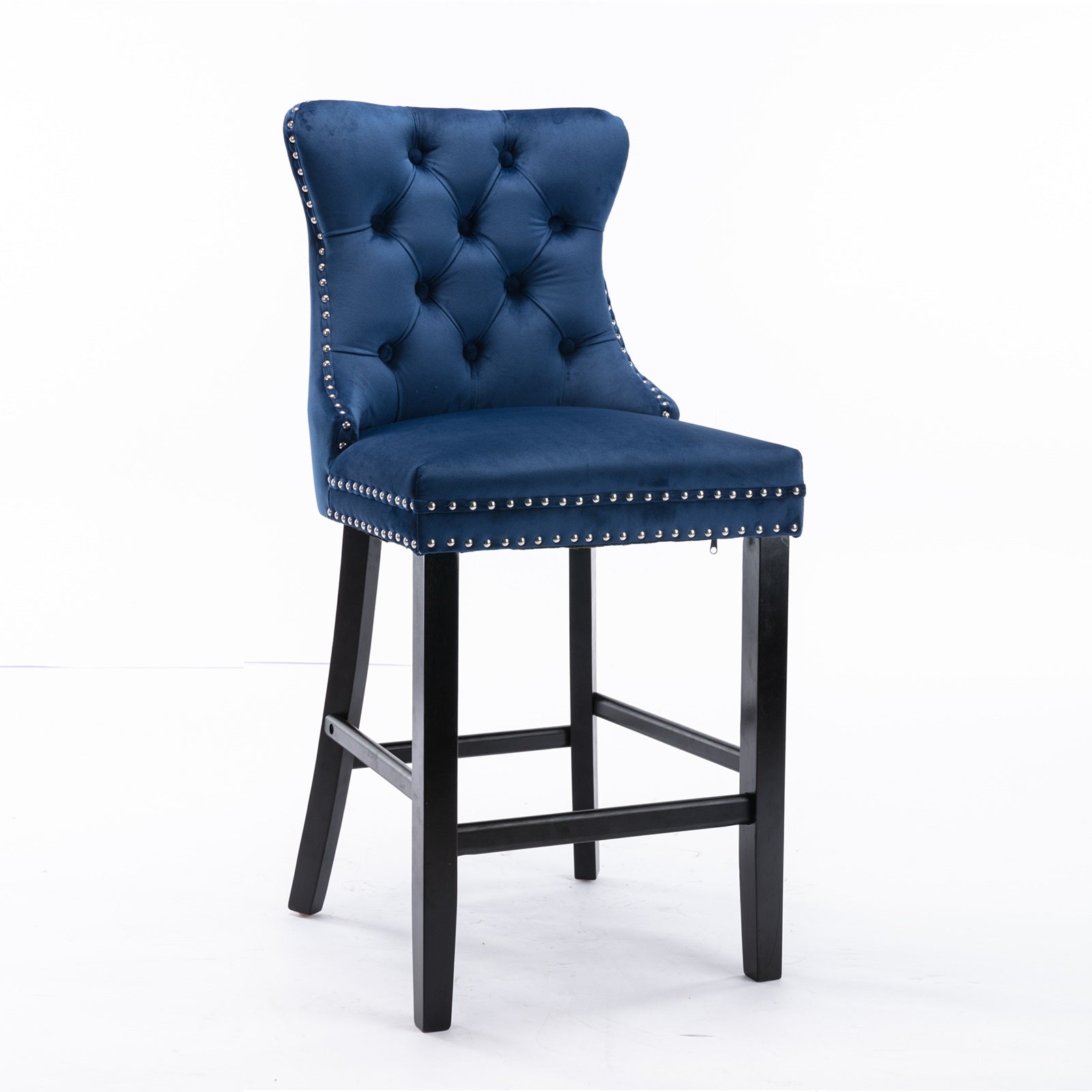 Velvet Bar Stools with Studs Trim & Wooden Legs - Tufted Dining Chairs for Kitchen Counter, Breakfast Nook & Home Bar Decor