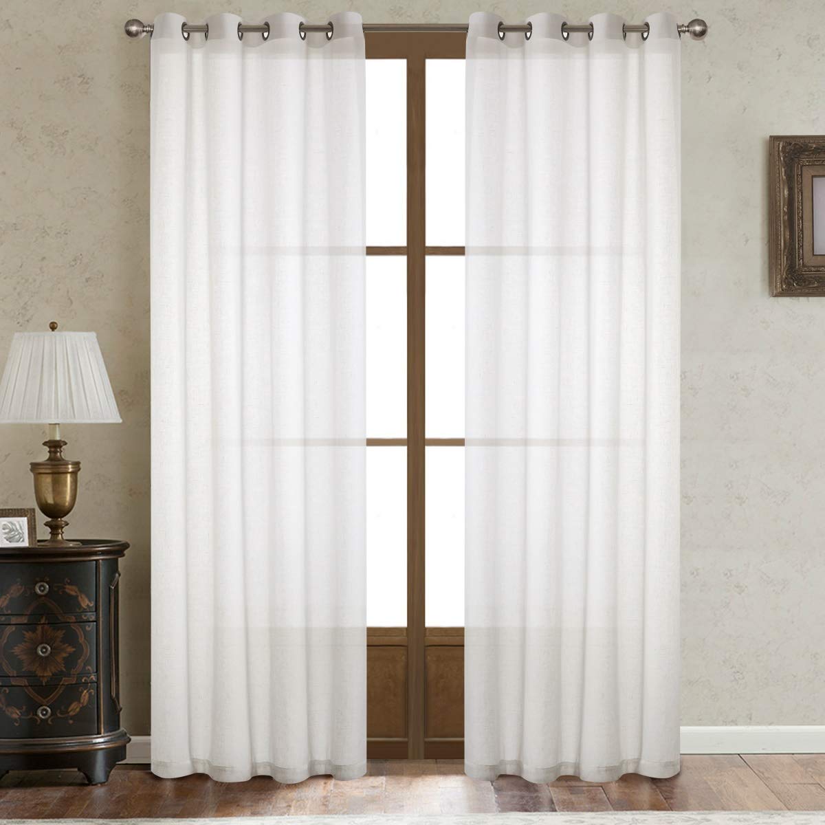LOYOLADY White Linen Curtains 96 Inches Long - 2 Panels Set, Semi-Sheer Window Drapes (72