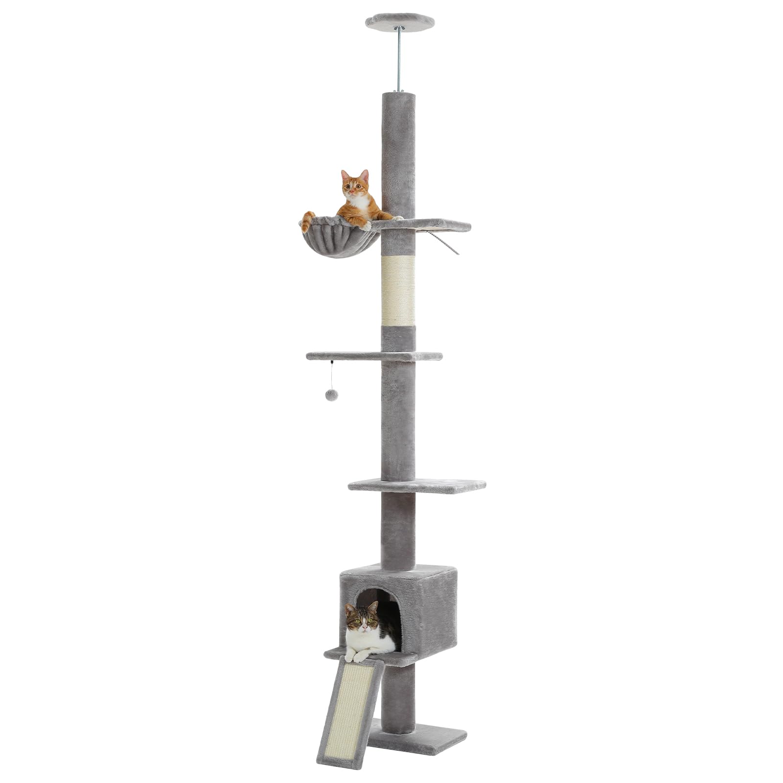 PAWZ Adjustable Floor-to-Ceiling Cat Tree Tower (82.7-107.8 Inches) - Tall Cat Climbing Structure with Scratching Post, Ladder, Hammock & Condo for Indoor Cats - Perfect for Small Spaces & Multi-Cat Homes (Grey)