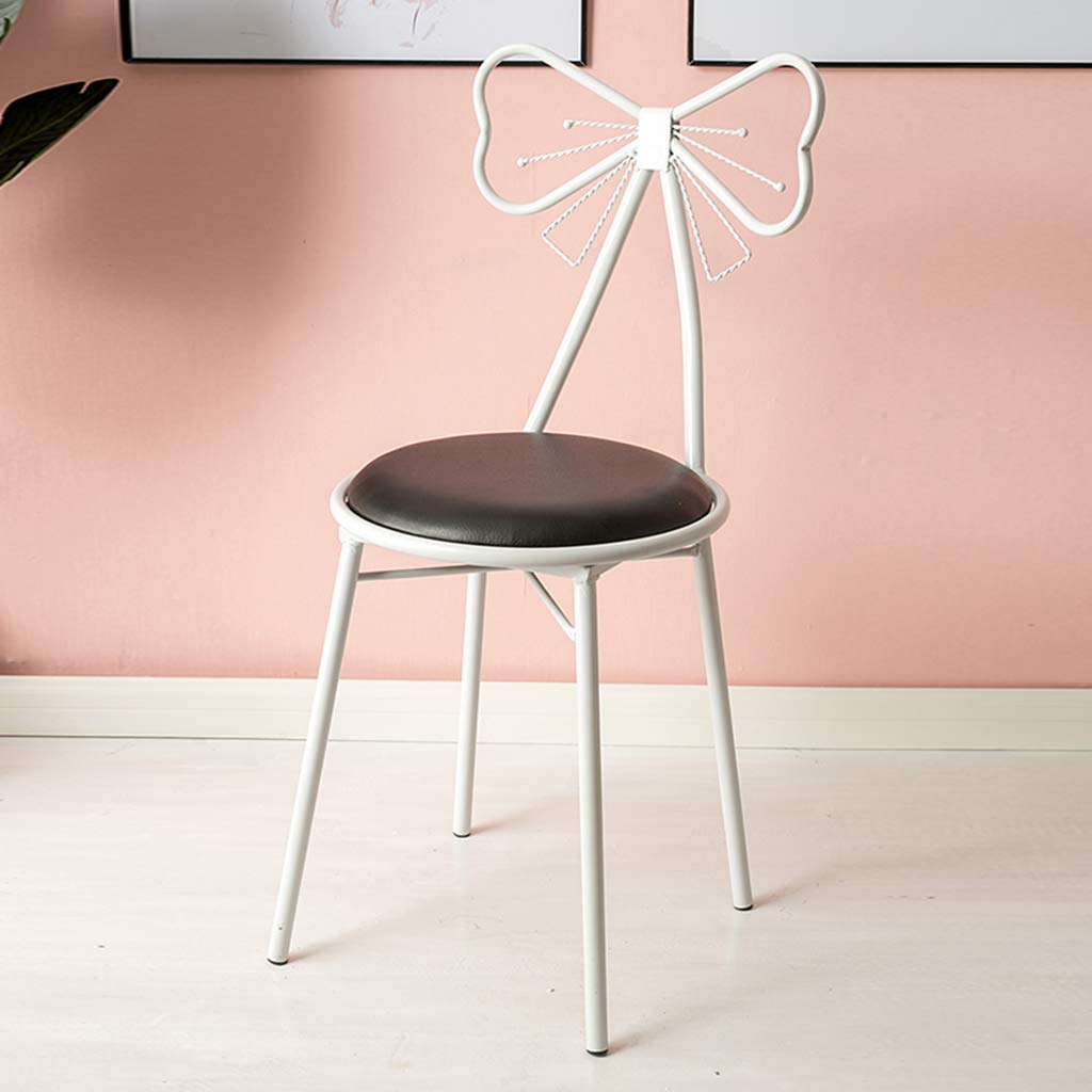 JHSLXD White PU Leather Makeup Vanity Chair with Creative Butterfly Tie Backrest - Dressing Stool, Bedroom Lounge & Reading Chair, Wrought Iron Dining Furniture (Black) | Perfect for Beauty Salon, Bedroom Decor & Home Office
