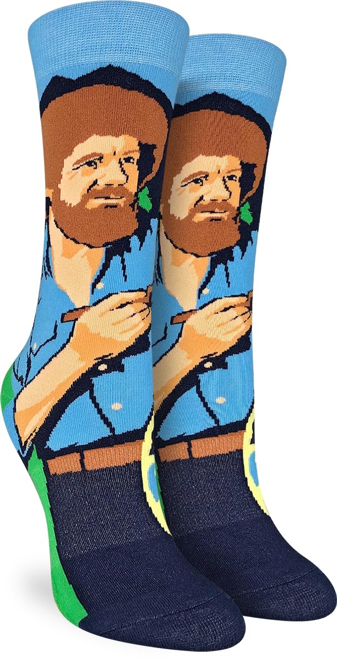 Good Luck Sock Women's Bob Ross Socks - Fun & Colorful Crew Socks for Adults - Perfect Gift for Artists & Sock Lovers - Great for Casual Wear, Gifting & Creative Inspiration