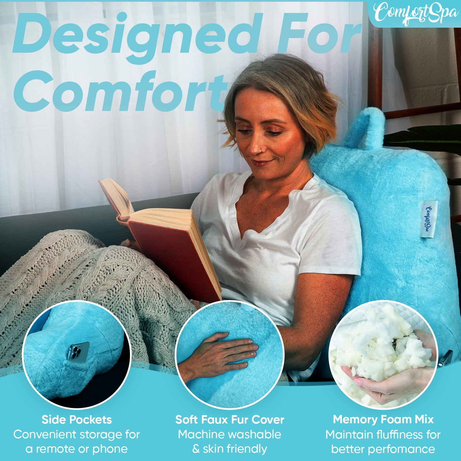 ComfortSpa Extra Large Reading Pillow for Adults - Back Support Pillow with Arms, Pockets & Washable Faux Fur Cover - Perfect for Sitting Up in Bed Watching TV, Gaming, Reading or Studying (XL, Blue)