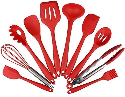10-Piece Silicone Kitchen Utensil Set - Nonstick Heat-Resistant Cooking Tools with Holder (Red) - Perfect for Baking, Frying & Everyday Cooking