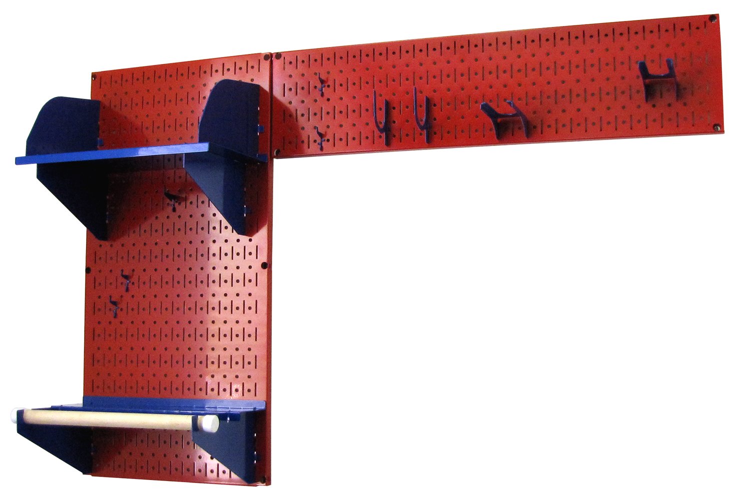 Wall Control Pegboard Garden Tool Organizer Kit - Heavy Duty Metal Pegboard Panel with Hooks & Accessories for Garage, Shed & Workshop Storage (Red Pegboard & Blue Accessories) - Perfect for Organizing Garden Tools, DIY Supplies & Home Improvement Equipment