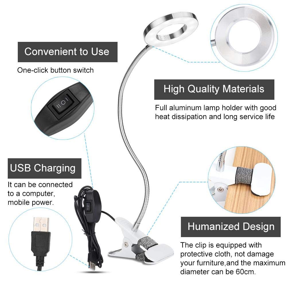 USB Rechargeable LED Desk Lamp - Adjustable Brightness Clip Light for Reading, Makeup, Manicure, Eyebrow & Eyelash Extensions | Perfect for Salon, Home Office & Watch Repair (2 Light Modes)