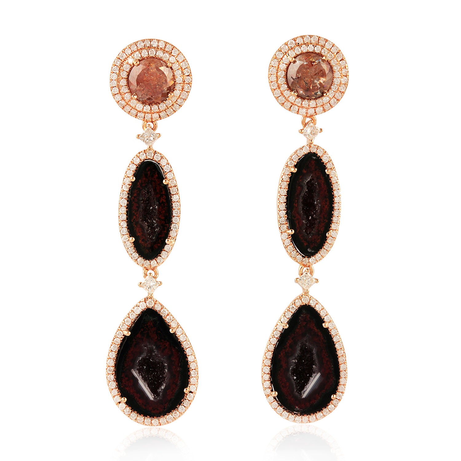 18k Yellow Gold Ice Diamond Prong Uneven Geode Long Drop Earrings - Elegant Dangle Earrings for Women, Perfect for Weddings, Parties & Special Occasions