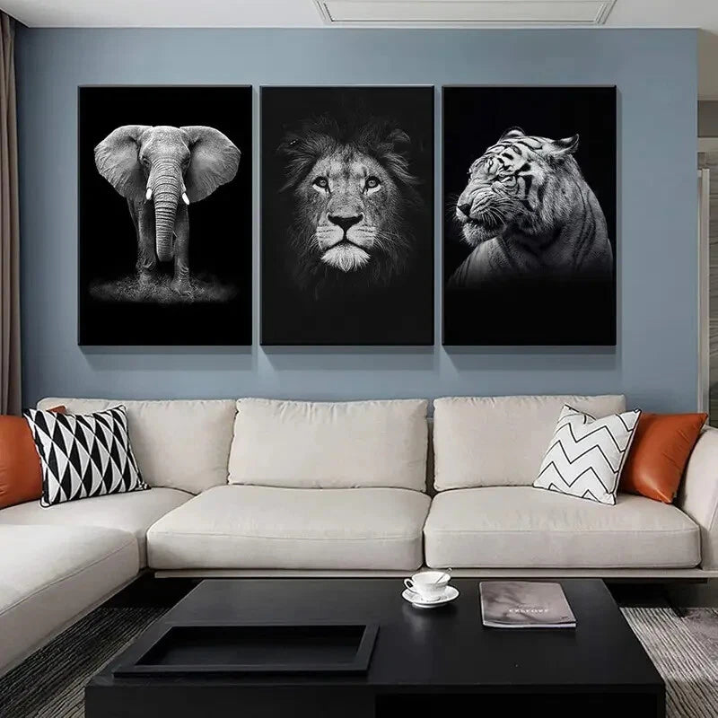 3-Piece Elephant Lion Tiger Animal Prints Metal Wall Art - Ready to Hang Jungle Theme Decor for Living Room, Bedroom & Office