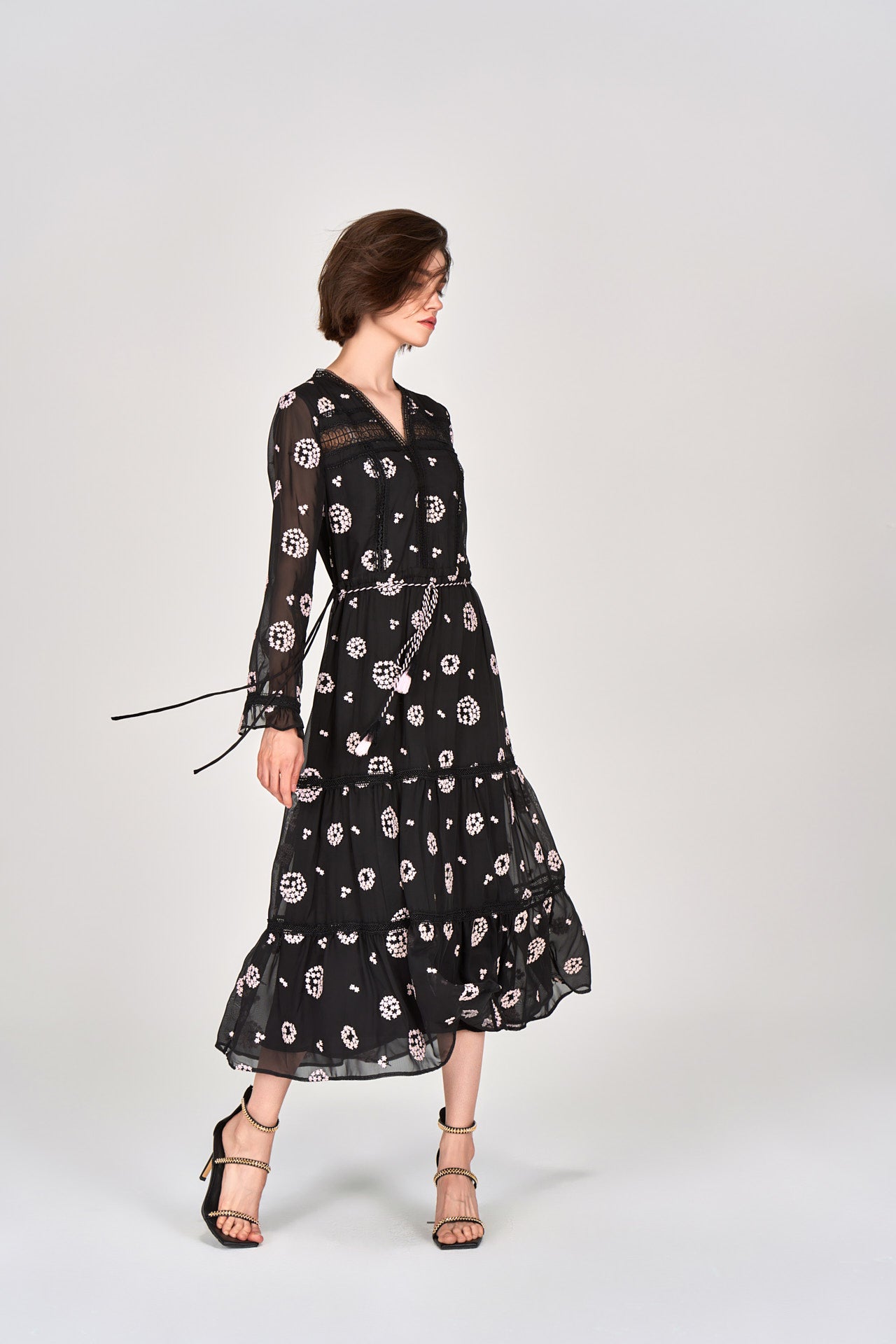 Elegant Black Embroidered Tie-Waist Dress for Women | Floral Lace Summer Dress | Perfect for Weddings, Parties & Date Nights