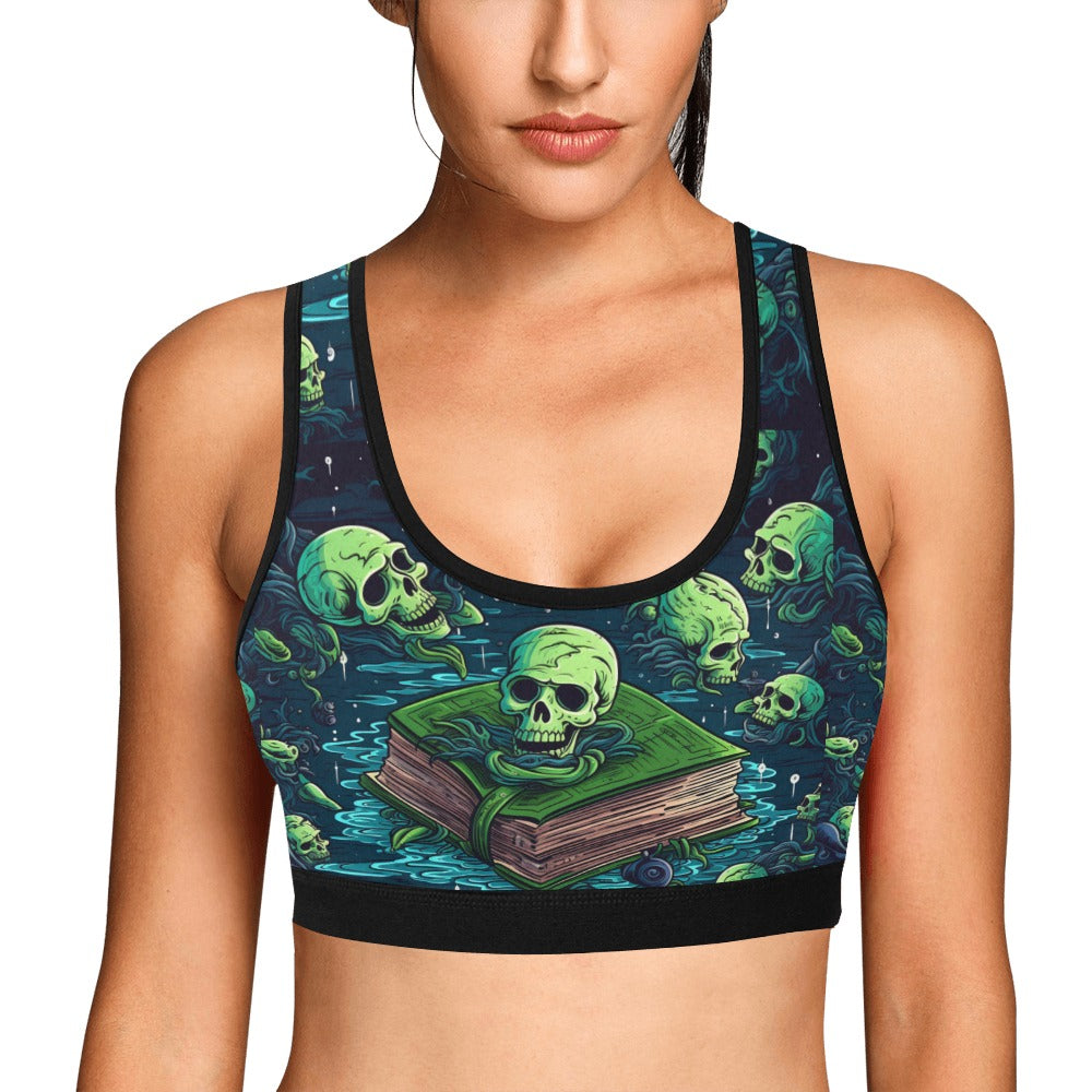 Green Skull and Spell Book Sports Bra - Gothic Workout Top for Yoga, Gym & Halloween Costume