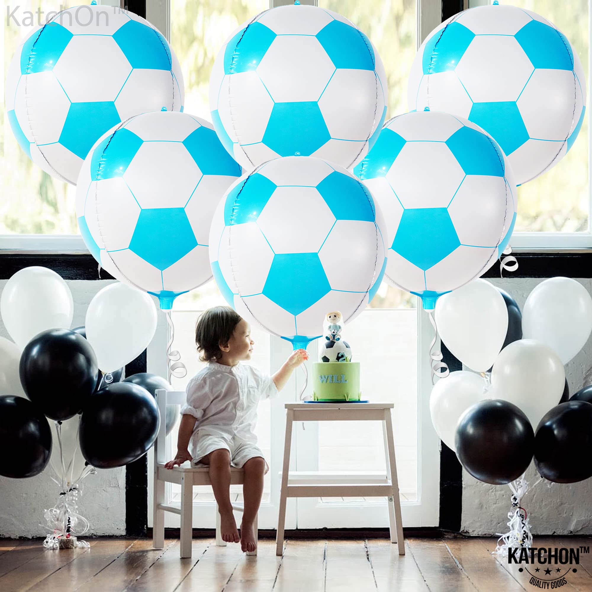 KatchOn 22 Inch Blue Soccer Balloons - Pack of 6 | Mylar Blue & White Soccer Ball Decorations for Gender Reveal, Baby Shower & Sports Themed Parties | Perfect for Birthday Celebrations, Team Events & Soccer Party Decor