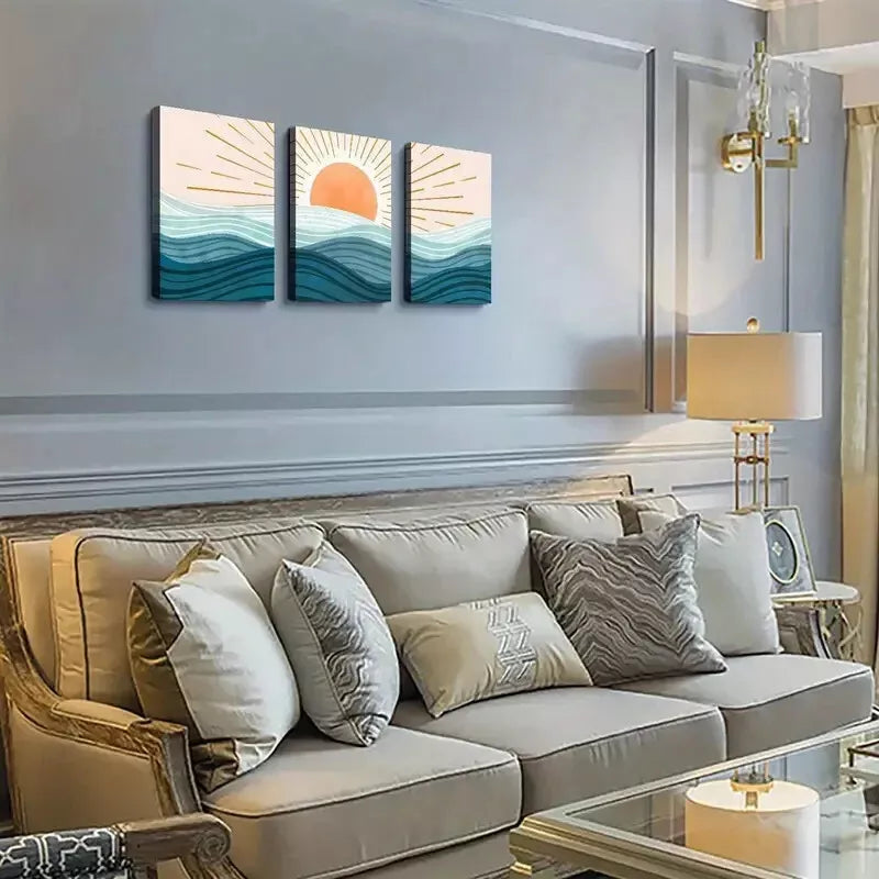 3-Piece Sun and Sea Waves Wall Art Set - Framed Canvas 50x70cm (20x28in) - High Quality Australian Made Ocean Beach Decor - Perfect for Living Room, Bedroom & Coastal Home Decor