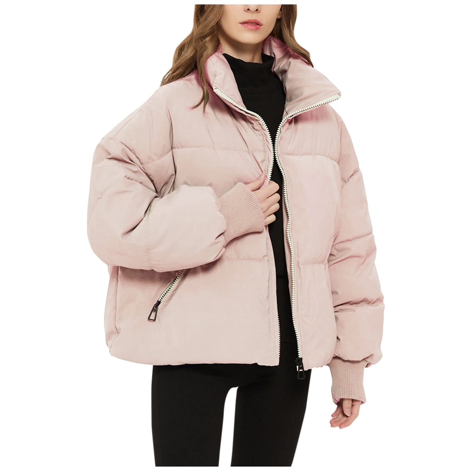 Yuai Women's Casual Long Sleeve Stand Collar Zip Up Jacket - Solid Color Cotton Loose Fit Coat for Fall/Winter Layering & Outdoor Activities