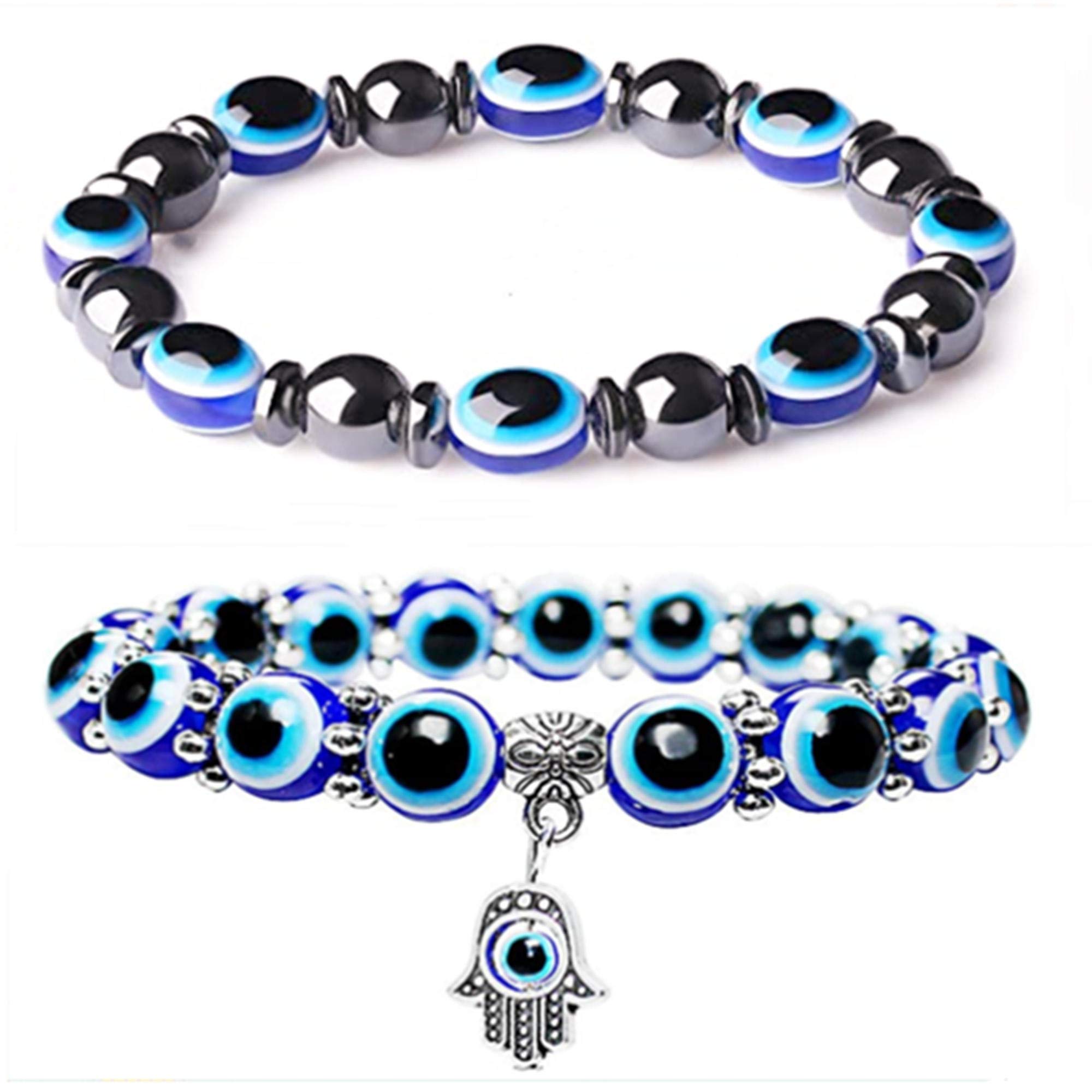 Evil Eye Magnetic Bracelet with Hamsa Hand & Blue Beads - Hematite Magnetic Therapy Bracelet for Protection & Good Luck - Turkish Spiritual Jewelry (2 Pack) - Perfect for Daily Wear, Meditation & Gift Giving