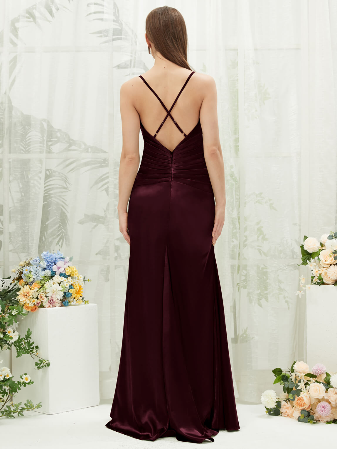Elegant Cabernet Satin Cowl Neck Backless Long Bridesmaid Dress with Adjustable Straps - Perfect for Weddings, Formal Events & Evening Parties